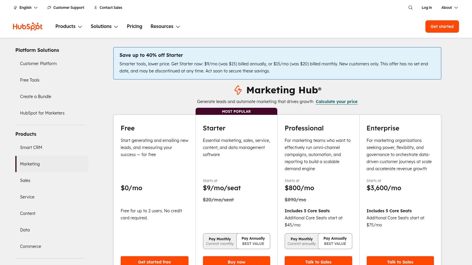 HubSpot Marketing Hub's pricing plans page