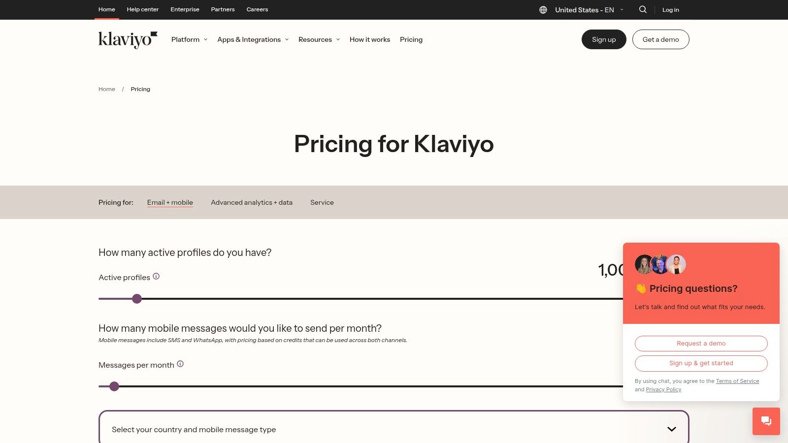 Klaviyo's pricing page showing its scalable plans for e-commerce businesses