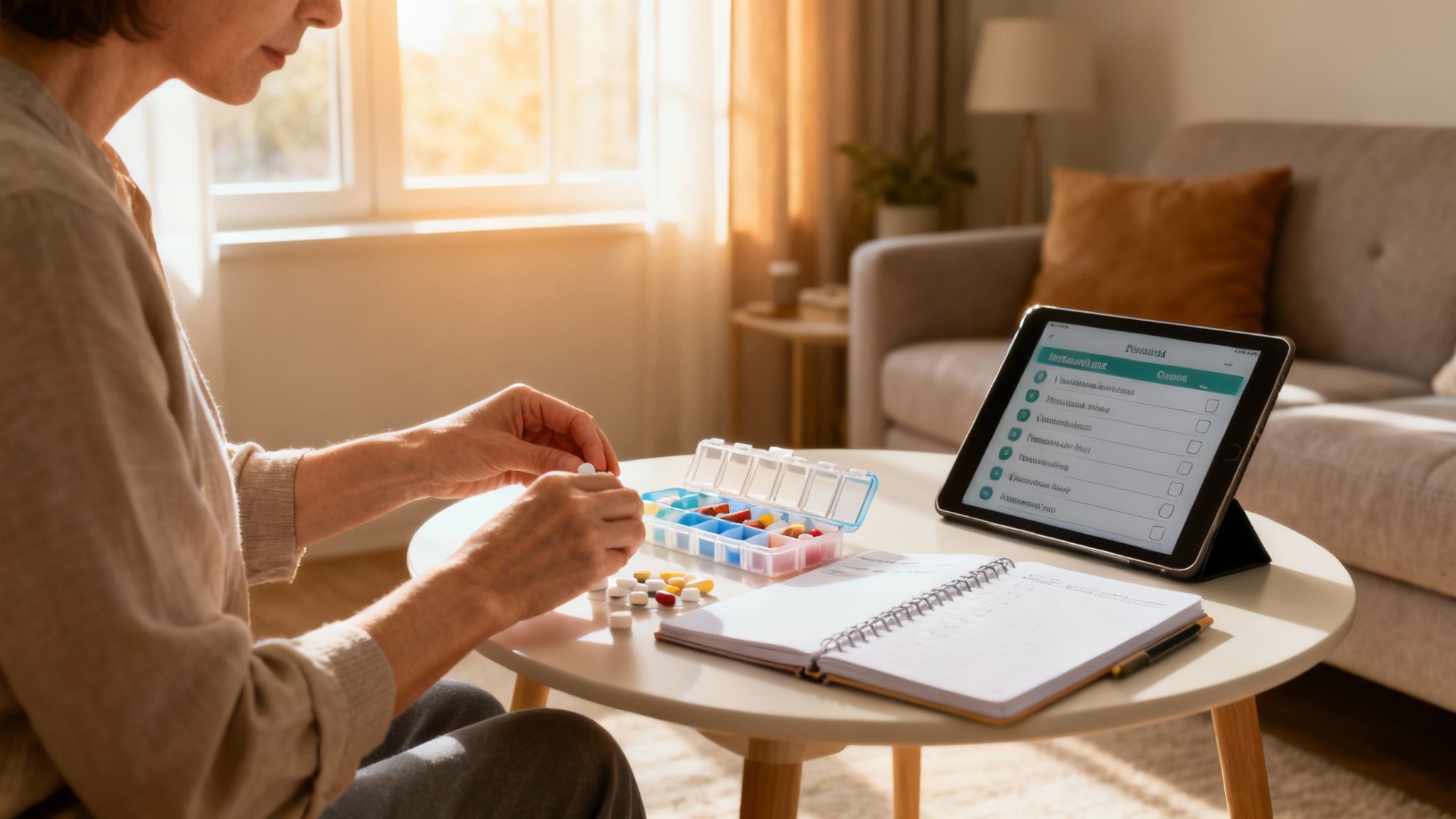 A person organizes daily pills into a weekly organizer, using a tablet for medication reminders.