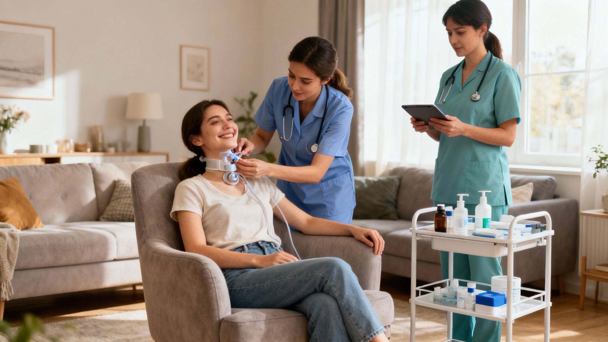 Two nurses assist a smiling patient with a medical neck device during a home visit.