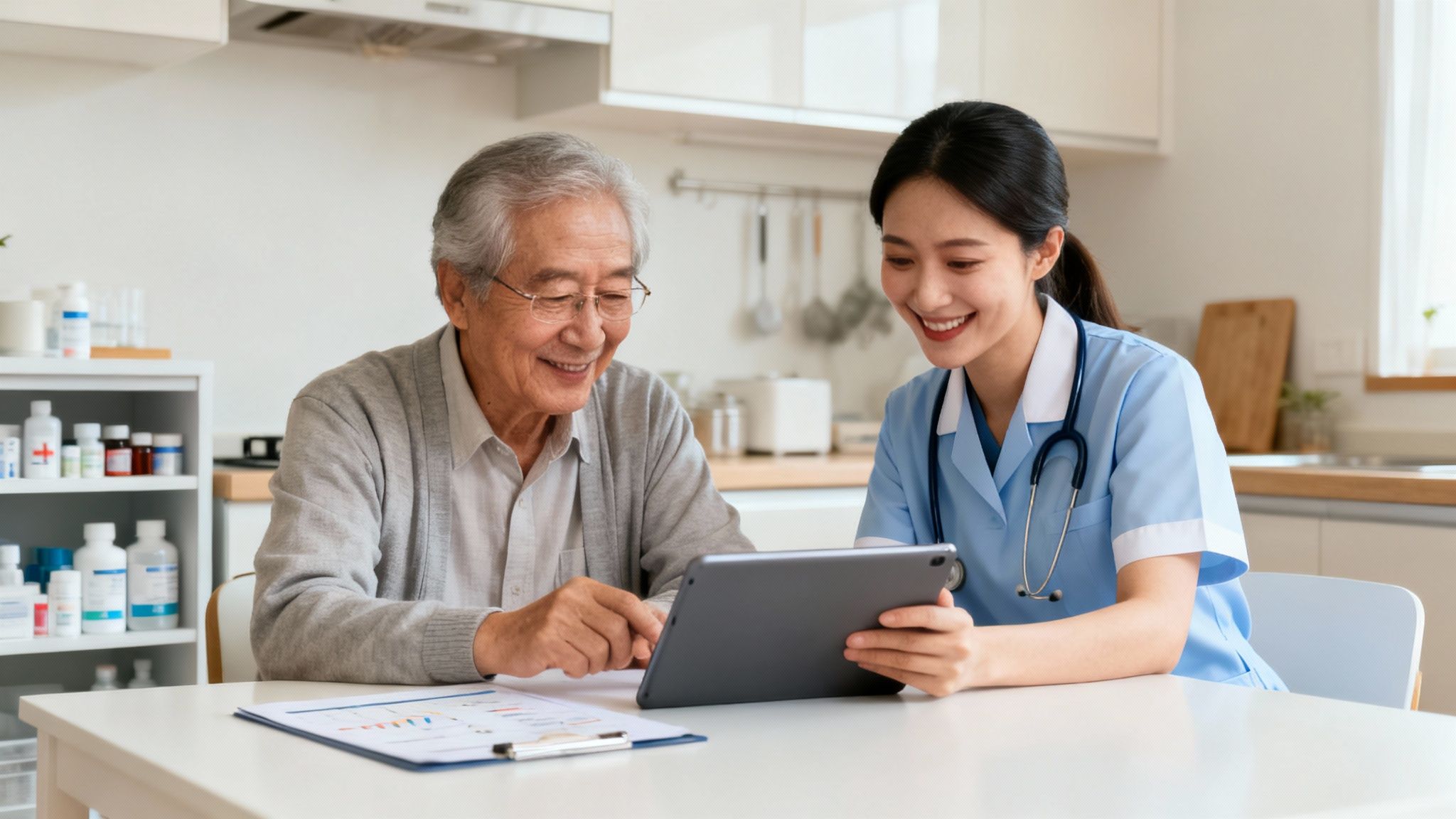 An elderly Asian man and a young female nurse smile while looking at a tablet together.