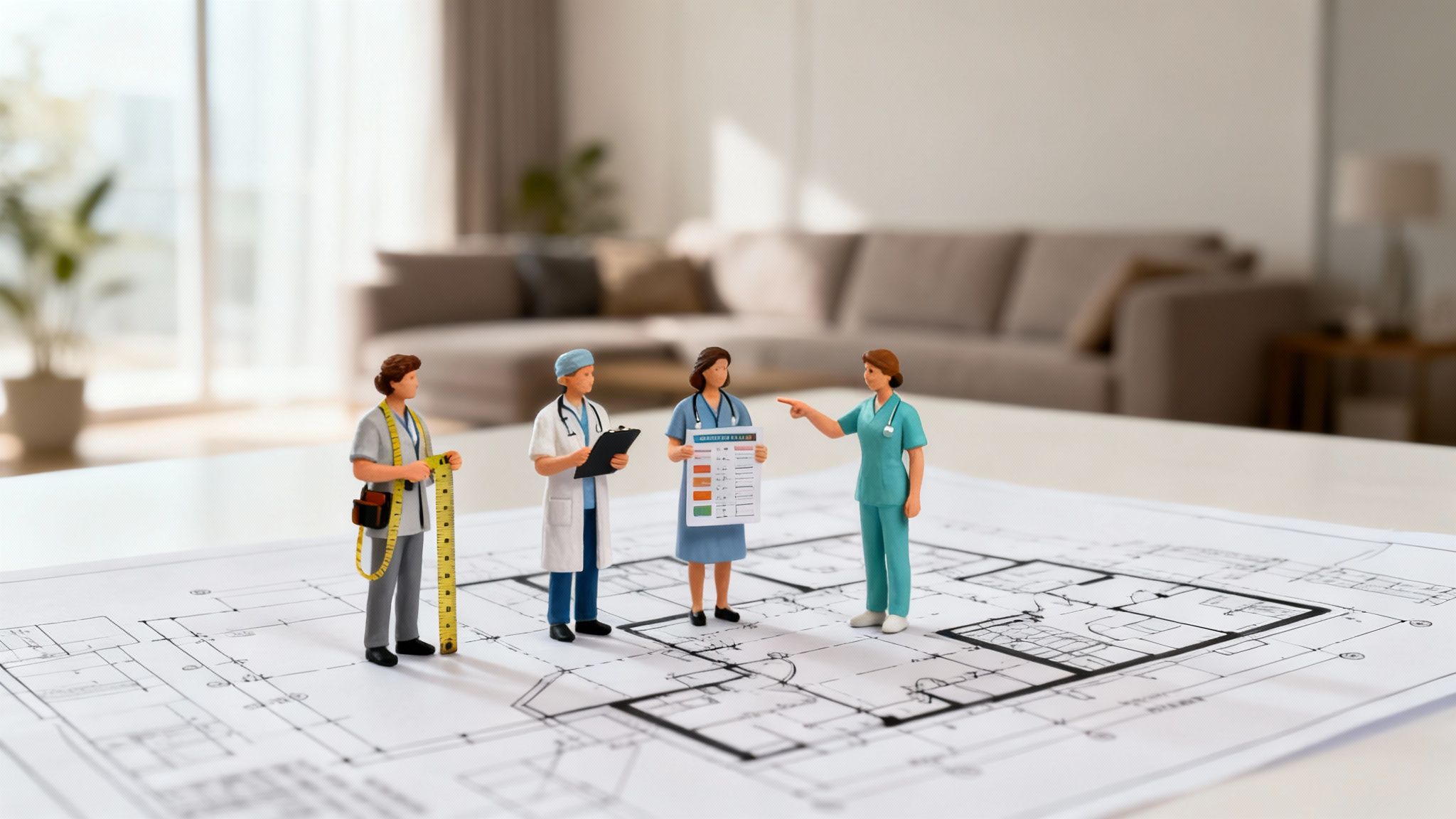 Miniature medical professionals and a technician on a blueprint, discussing healthcare facility planning.