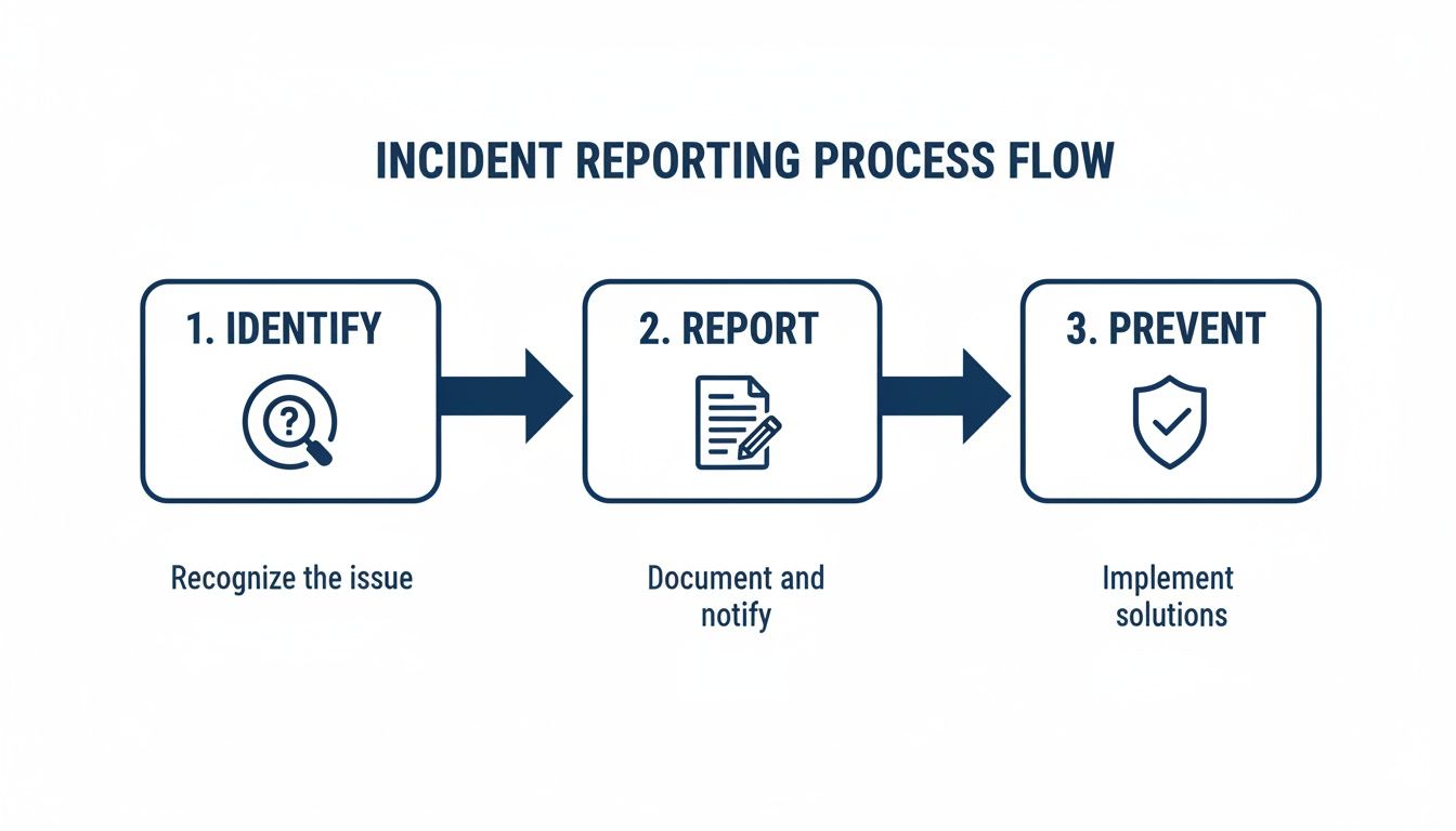 A flowchart illustrating a three-step incident reporting process: identify, report, and prevent.