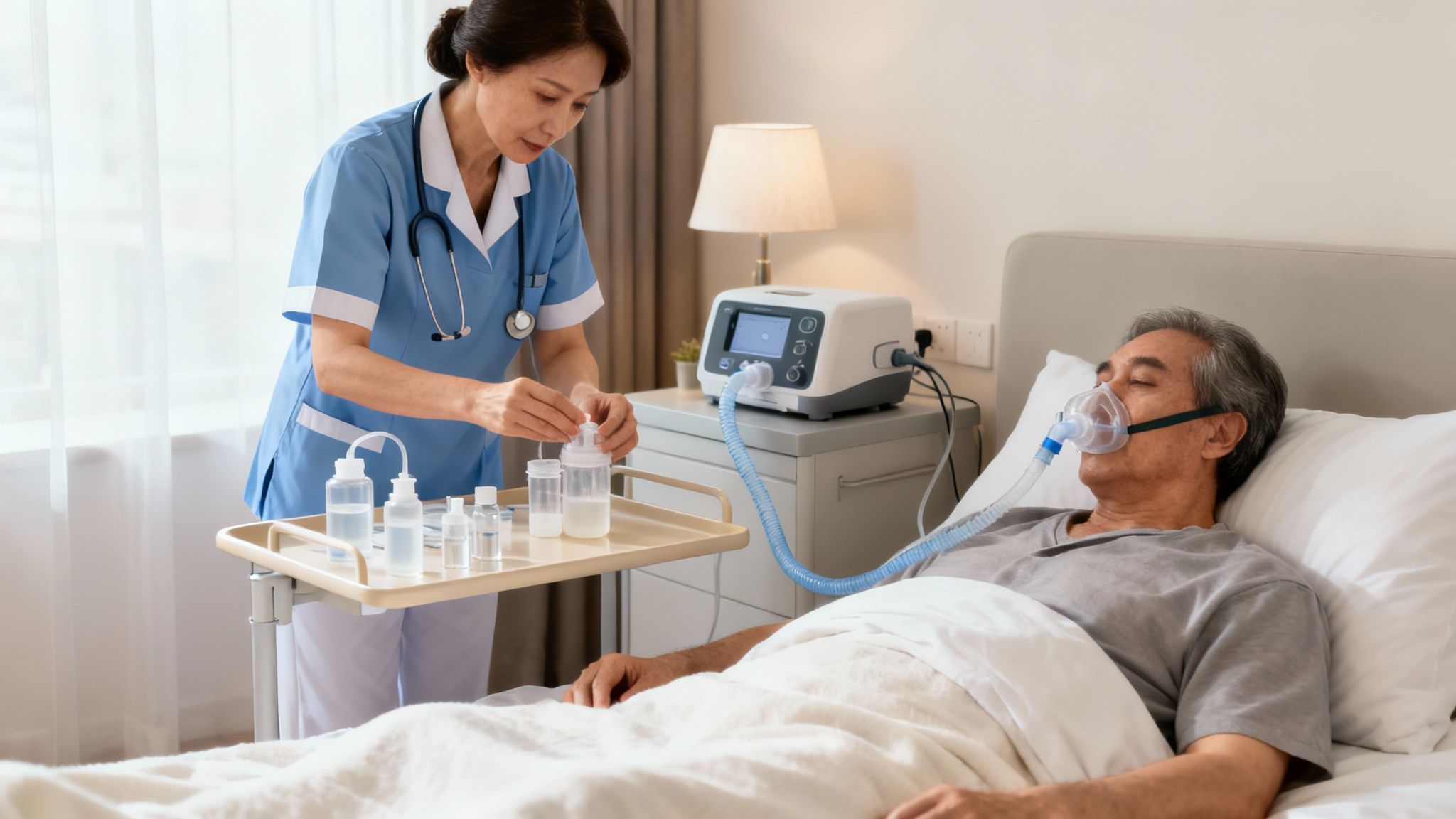 A compassionate nurse provides home care to an elderly Asian man using an oxygen machine.