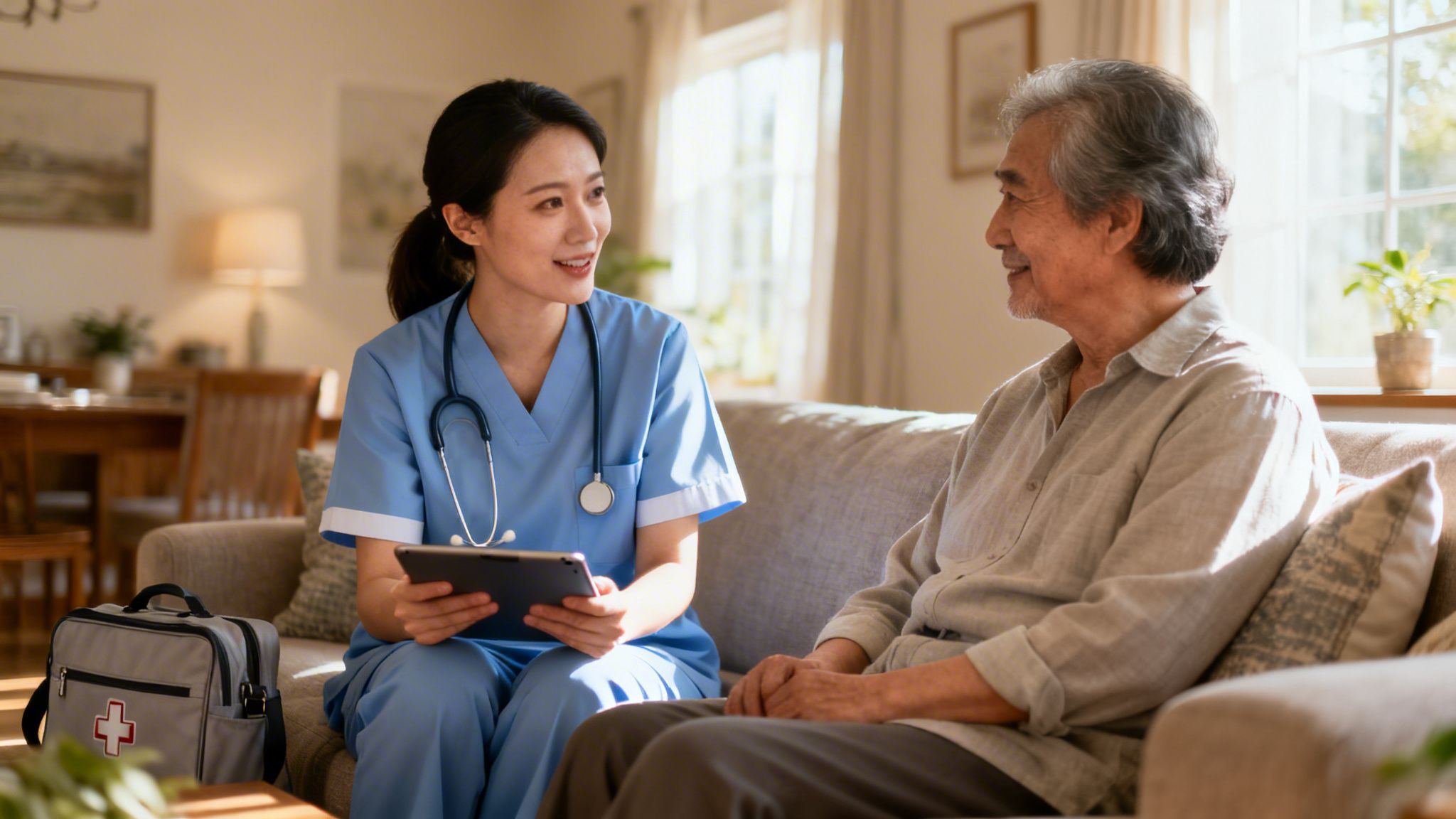 Smiling Asian nurse in scrubs talks with elderly man during a home health visit.