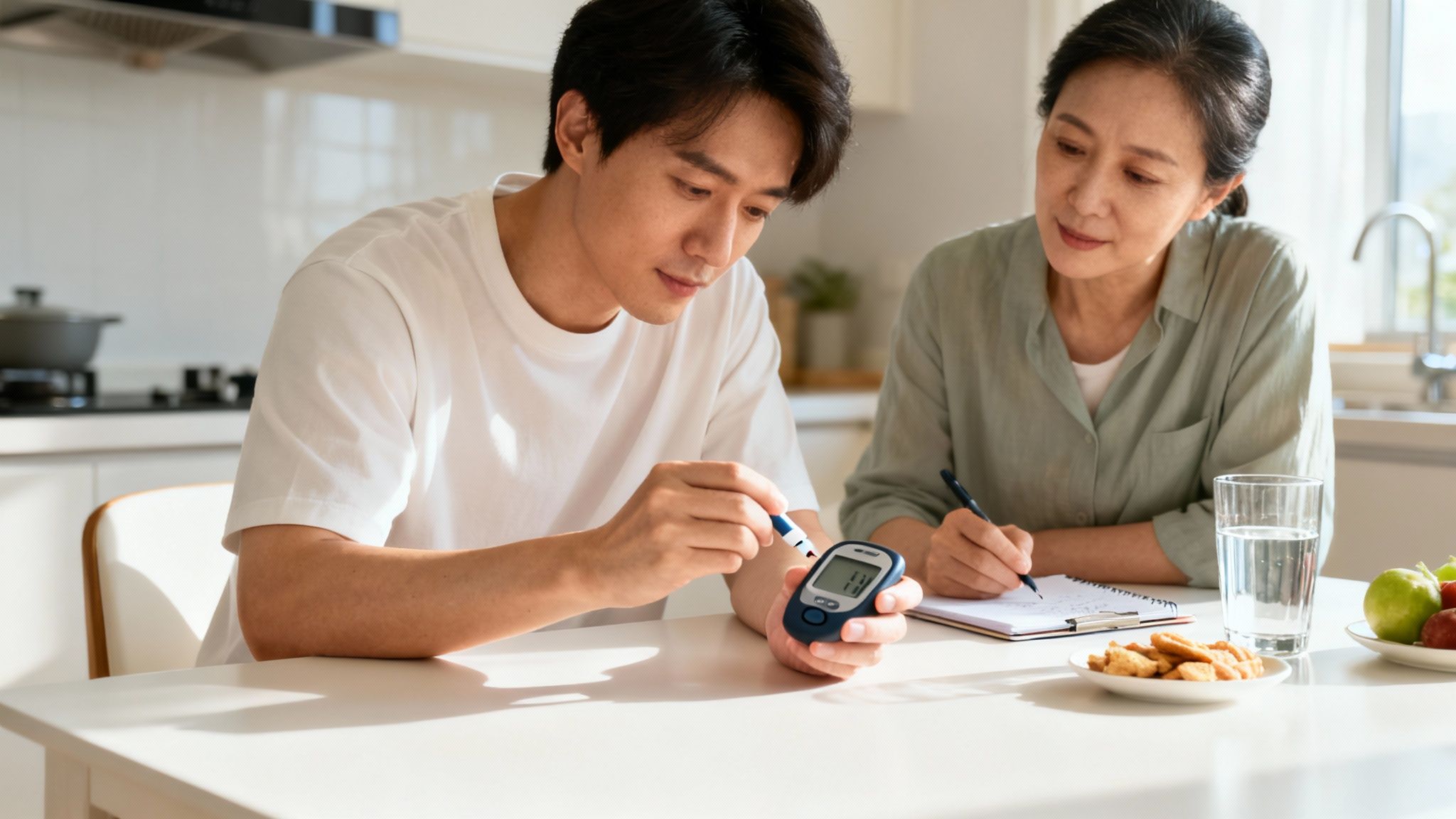 A man checks his blood sugar with a glucose meter while a woman writes notes, managing chronic illness at home.