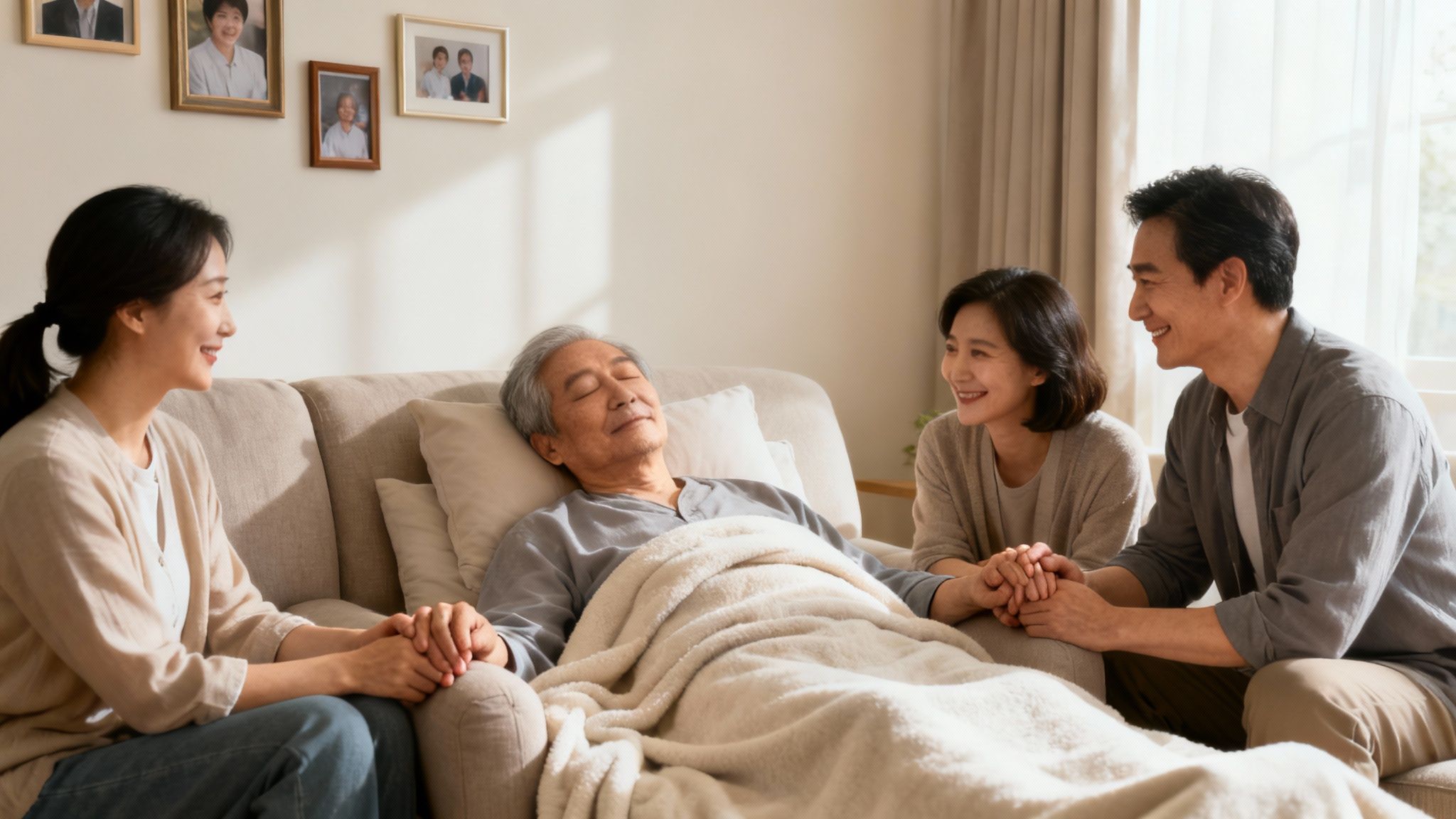 Family members provide comfort and support to an elderly man resting peacefully on a sofa at home.