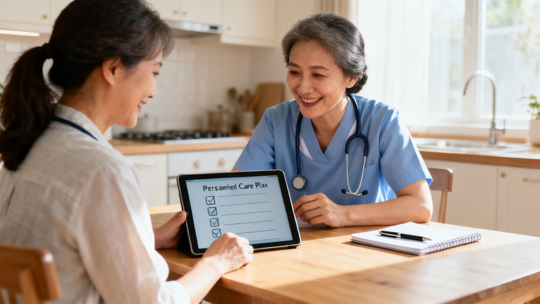 Two smiling Asian women, a nurse and a patient, discussing a personalized care plan on a tablet at home.