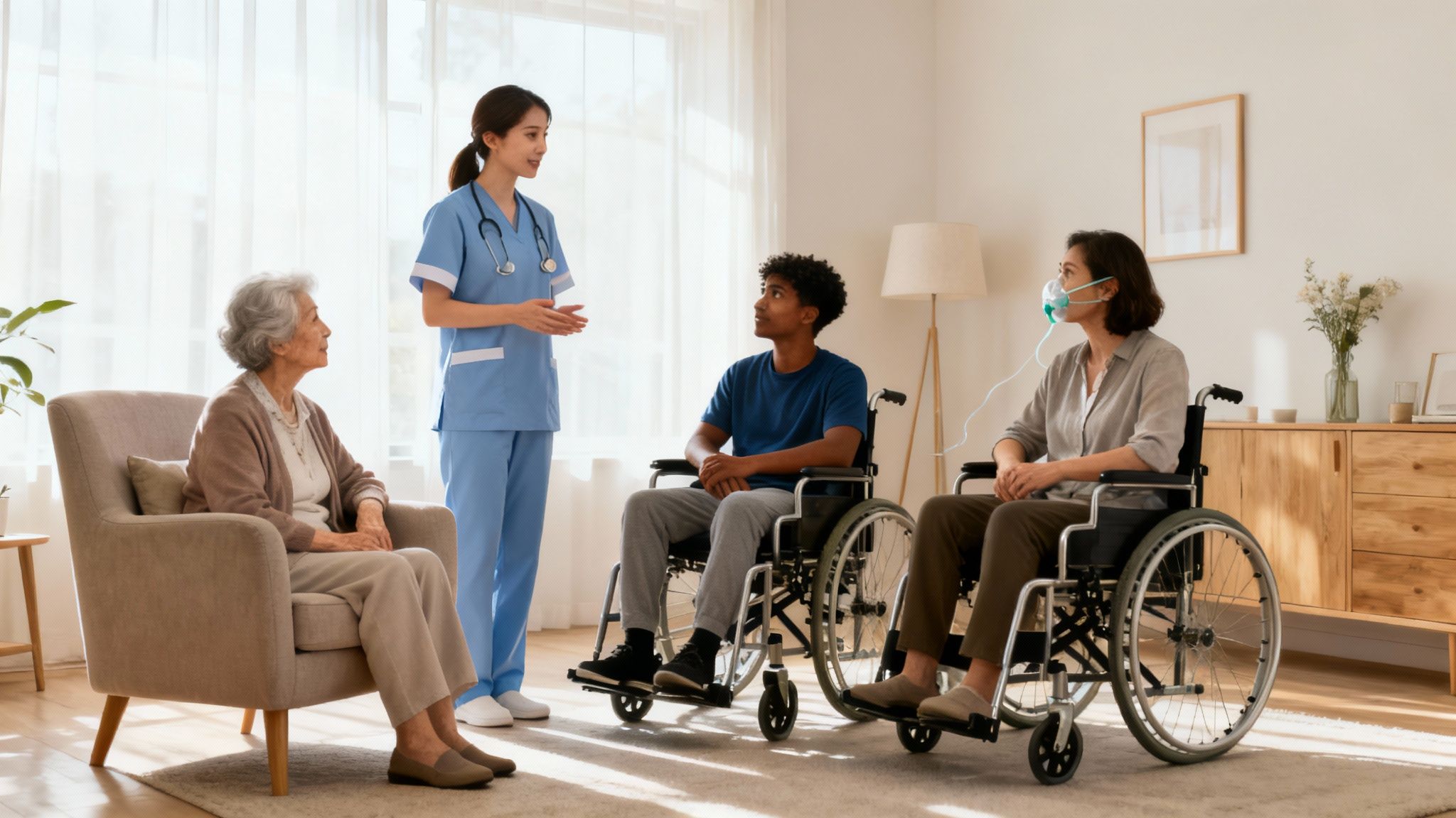 A nurse provides home care, speaking with an elderly woman, a young man, and a woman using an oxygen mask.