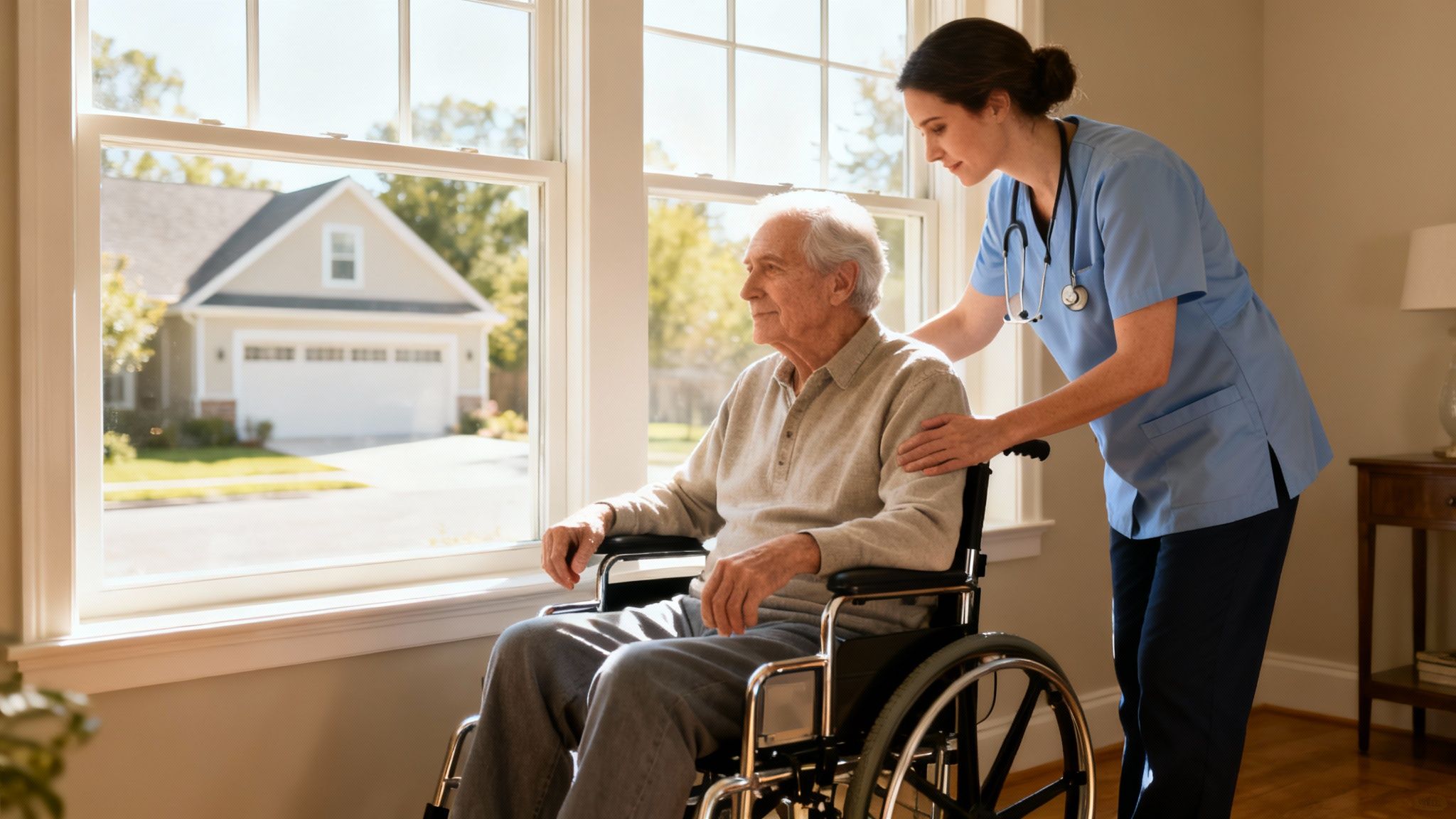 A compassionate caregiver assists an elderly man in a wheelchair looking out a sunny window.