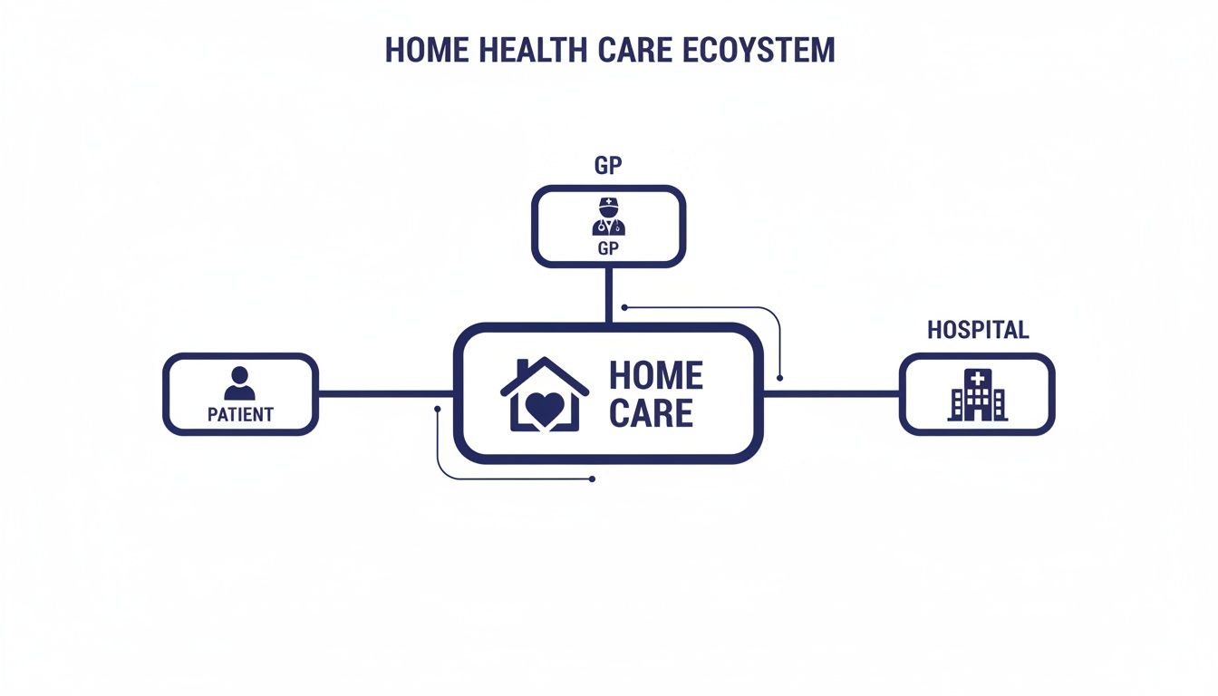 Diagram illustrating the home health care ecosystem, connecting patients, home care, general practitioners, and hospitals.