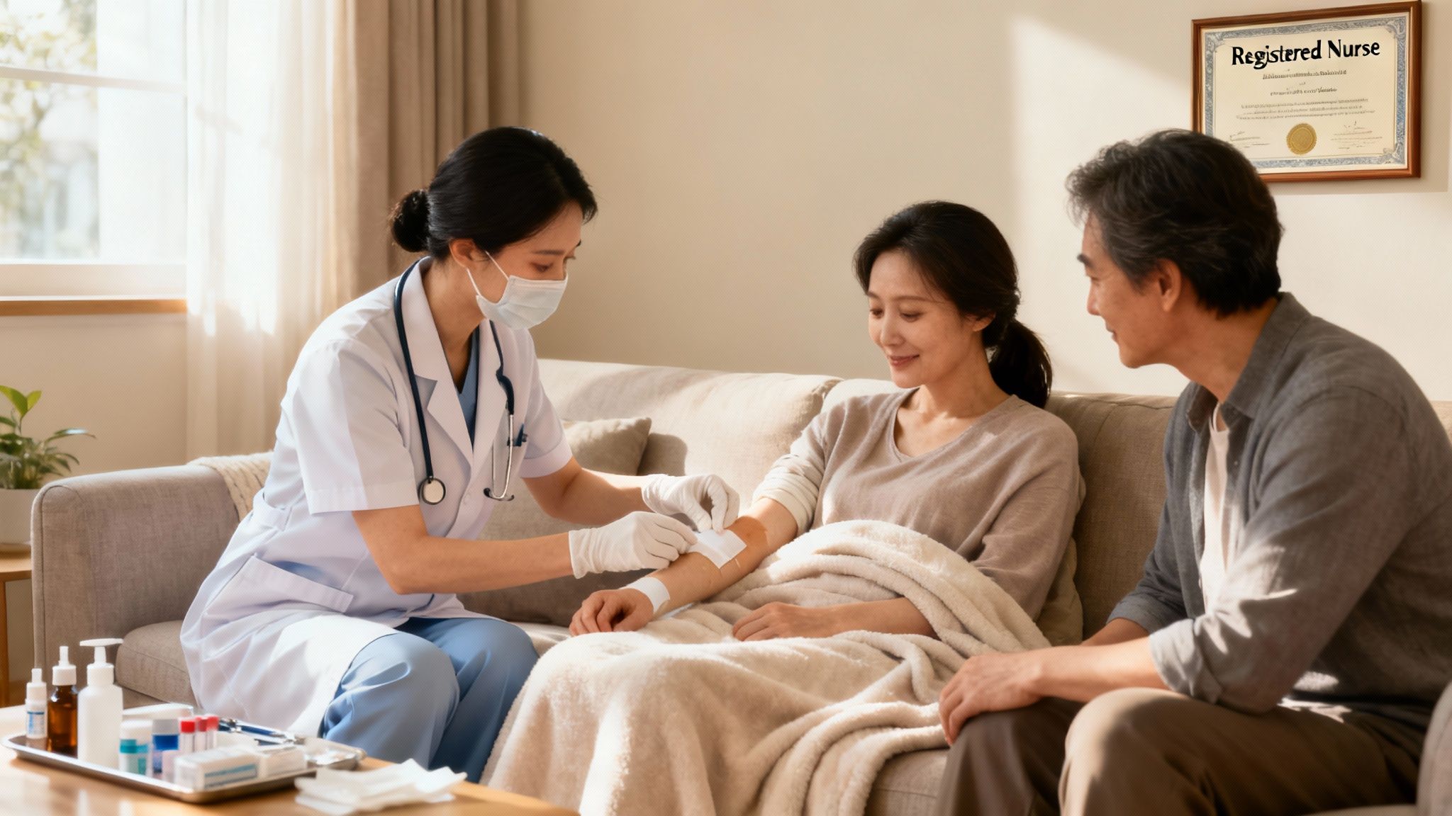A registered nurse applies a bandage to a woman's arm during a home visit, while a man watches.