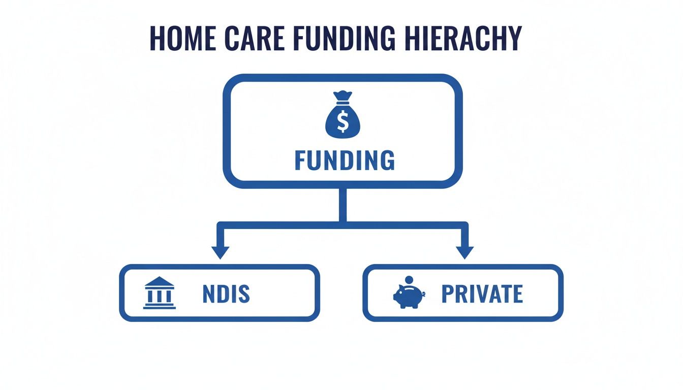 A hierarchy diagram showing home care funding sources, branching from 'Funding' to 'NDIS' and 'Private' options.