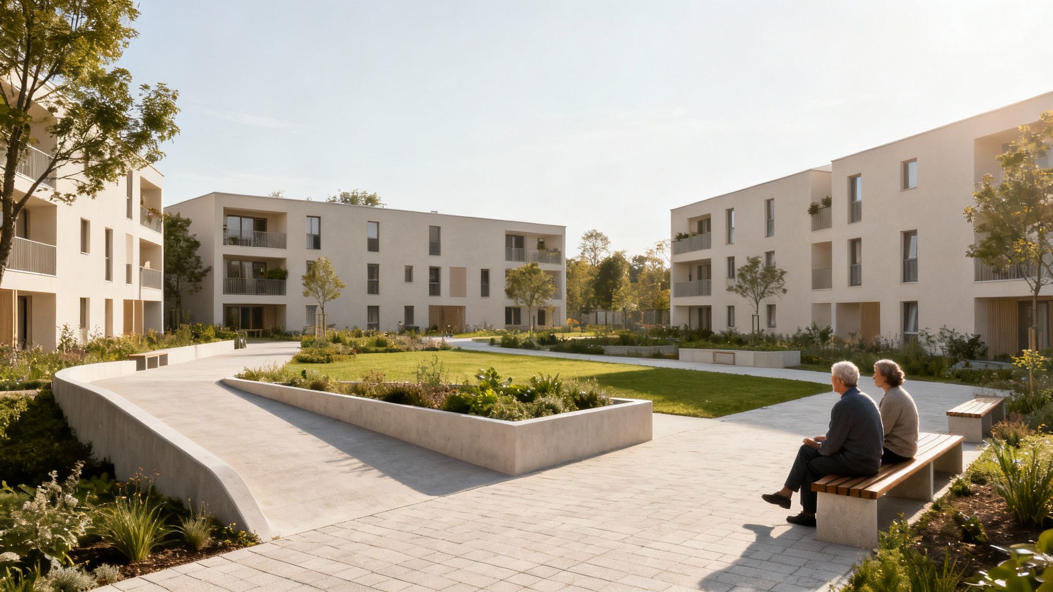 Two elderly people sit on a bench in a sunny, modern apartment complex courtyard with green spaces.
