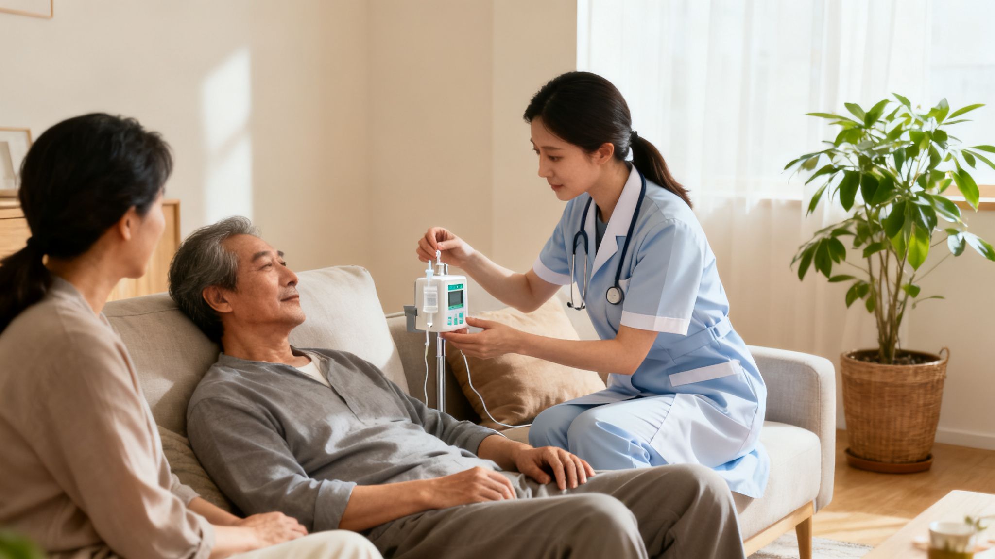 A nurse provides home care to an elderly man on a sofa while a family member watches.