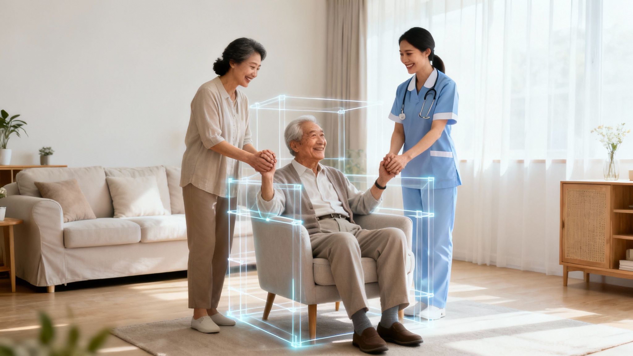 Elderly Asian man in armchair supported by a woman and nurse with glowing digital care frame.