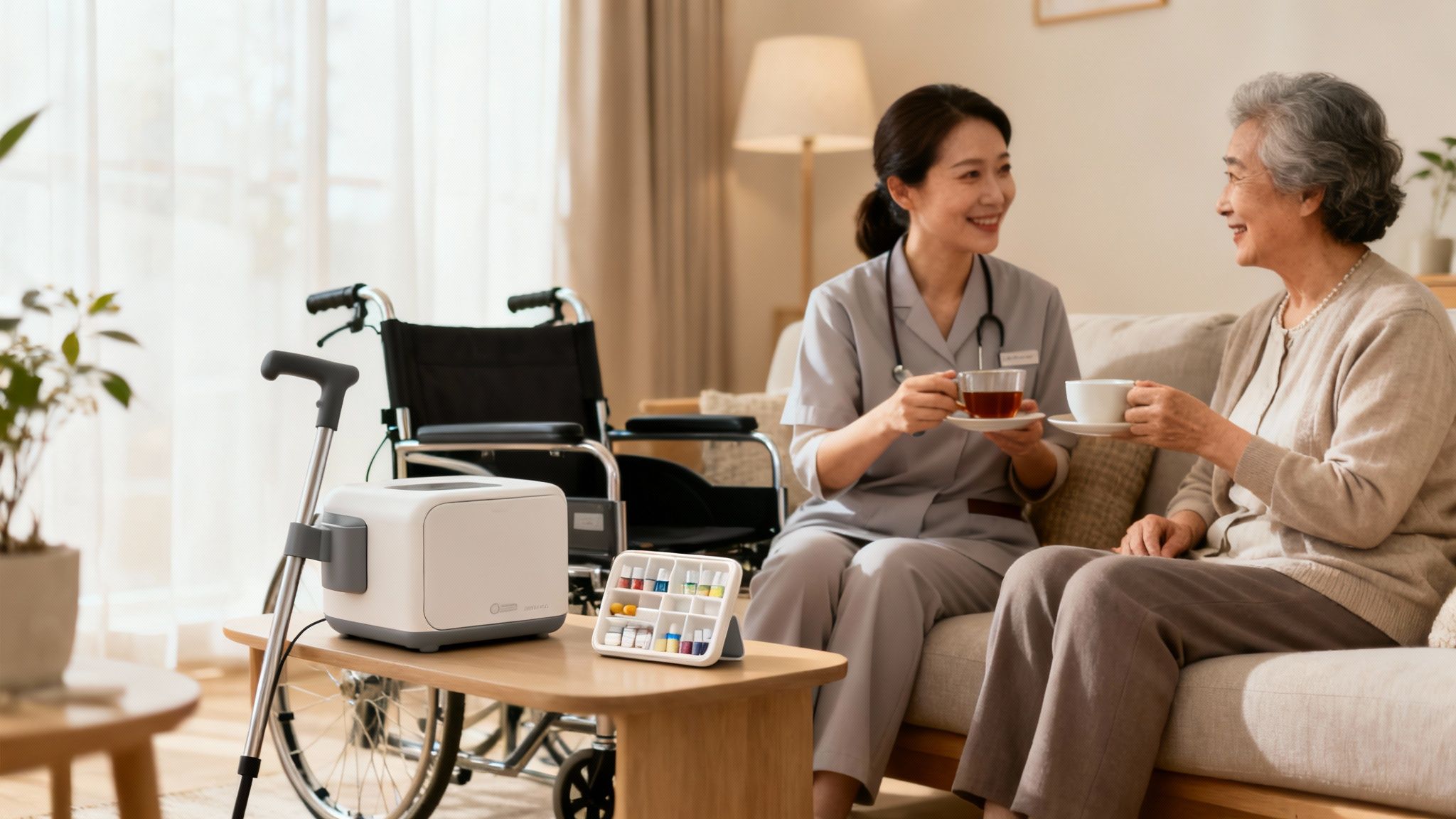 Smiling caregiver and elderly woman enjoying tea in a living room with medical aids.