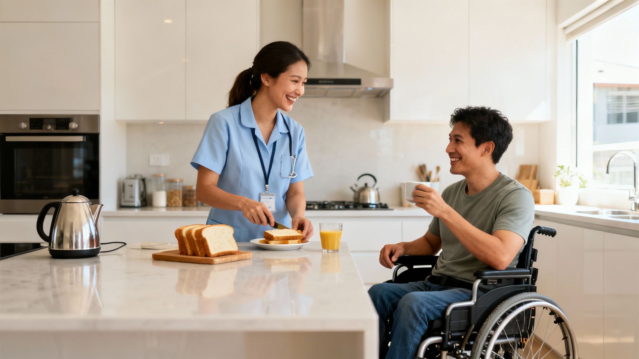 Assistance with daily life with a smiling caregiver prepares toast for a man in a wheelchair during breakfast in a modern kitchen.