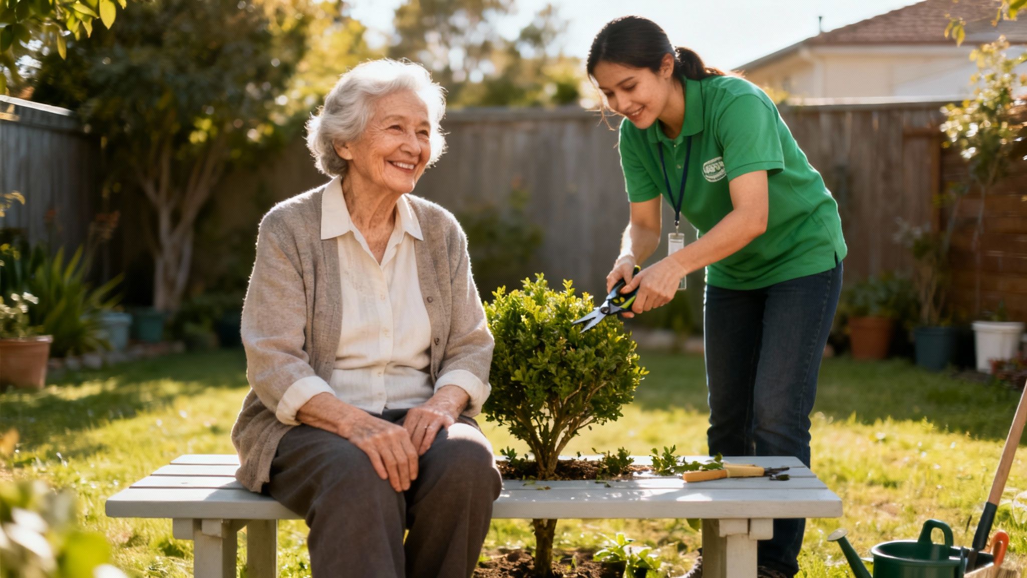 A smiling senior woman watches a home support worker prune a small bush in a sunny garden.