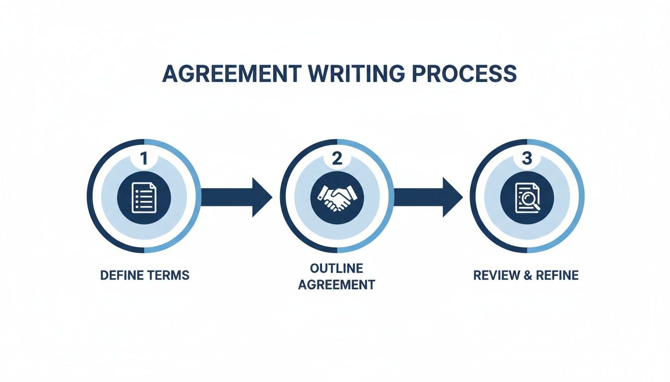 Infographic illustrating the three stages of the agreement writing process: define terms, outline, and refine.