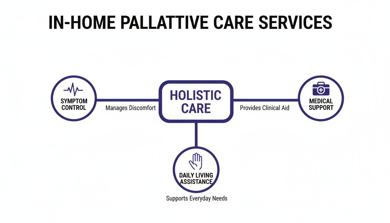 Diagram illustrating in-home palliative care services, highlighting holistic care, symptom control, medical support, and daily living assistance.