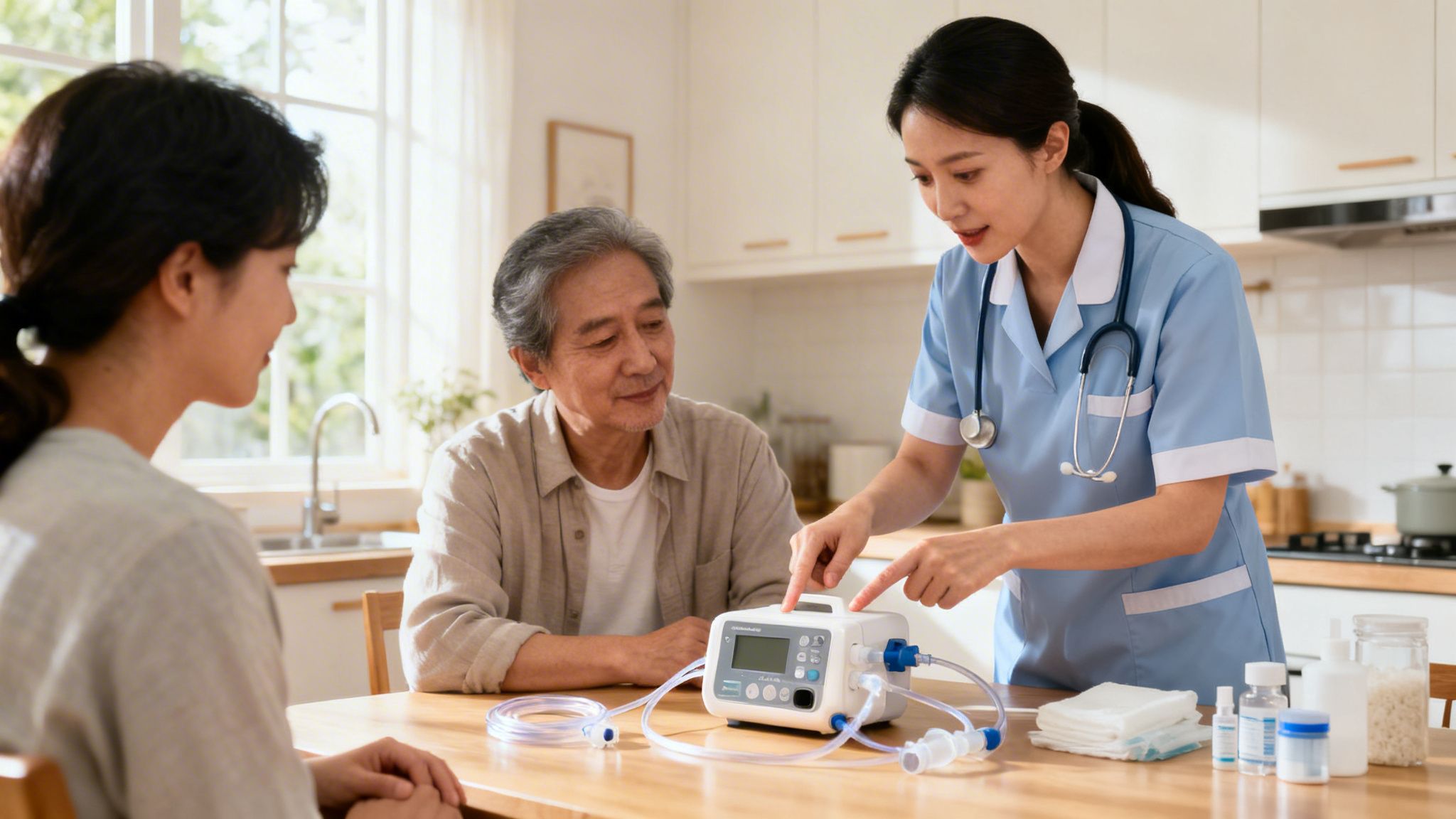 A nurse explains how to use a medical device to an elderly man and a woman in a home kitchen.