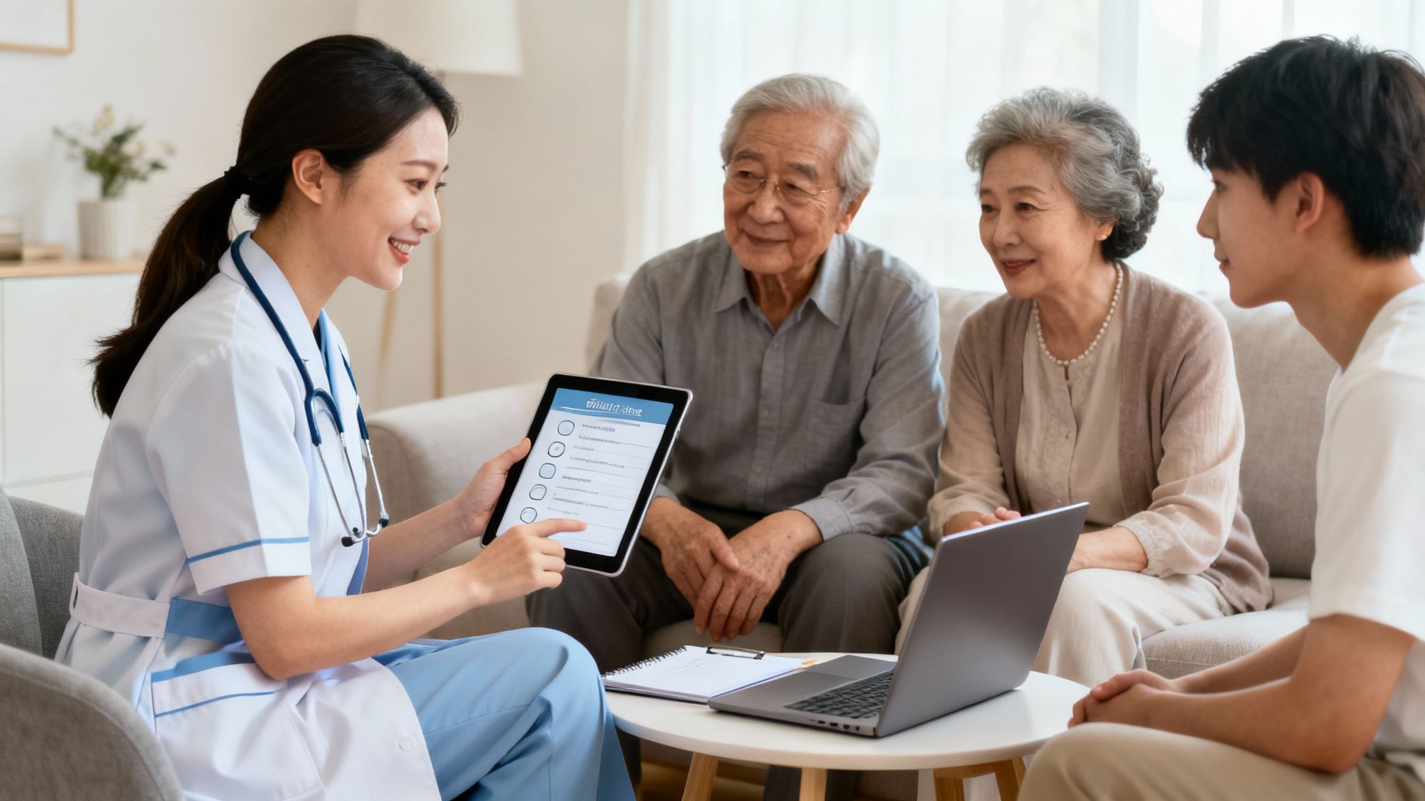Asian nurse explains health information on a tablet to an elderly couple and young man at home.
