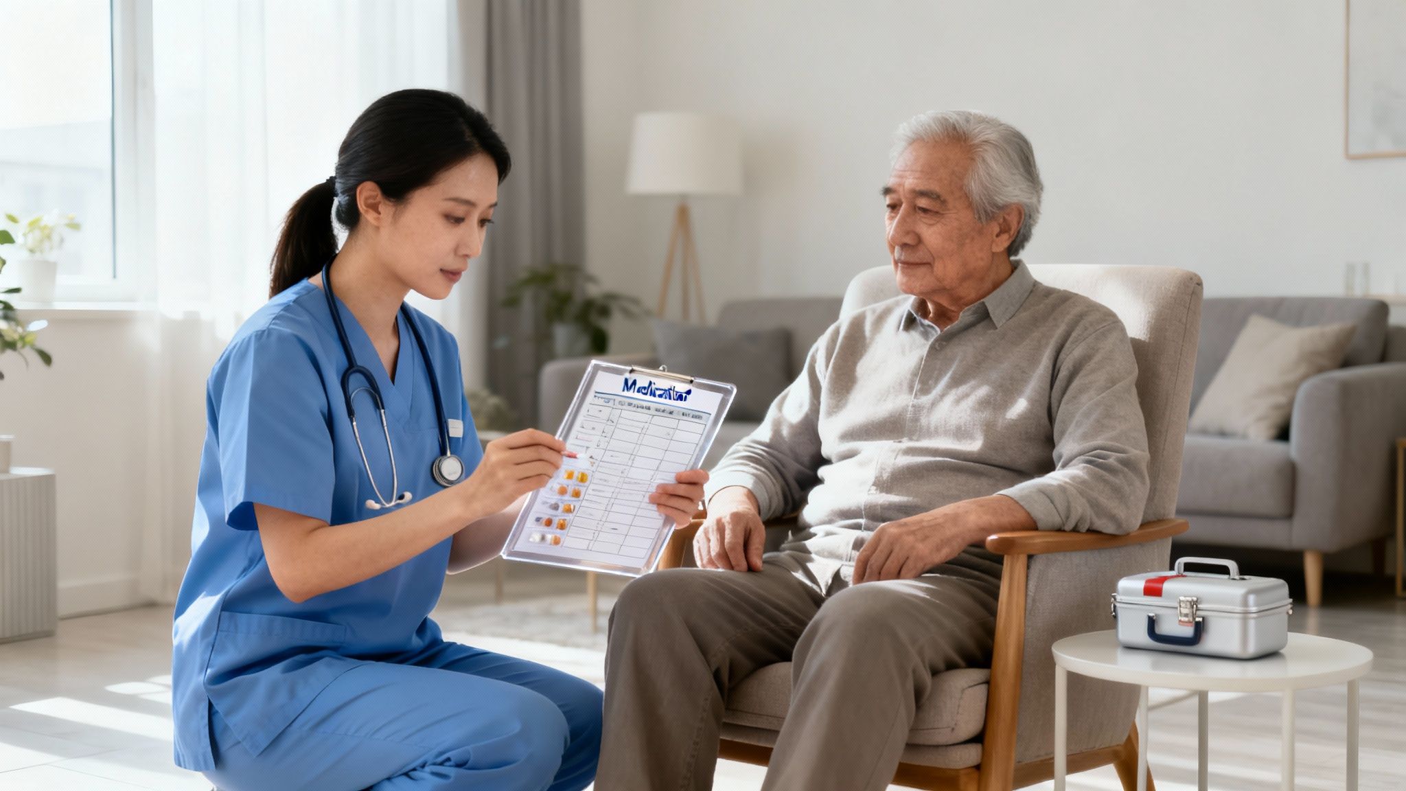 Asian nurse in blue scrubs discussing medication schedule with elderly male patient at home.