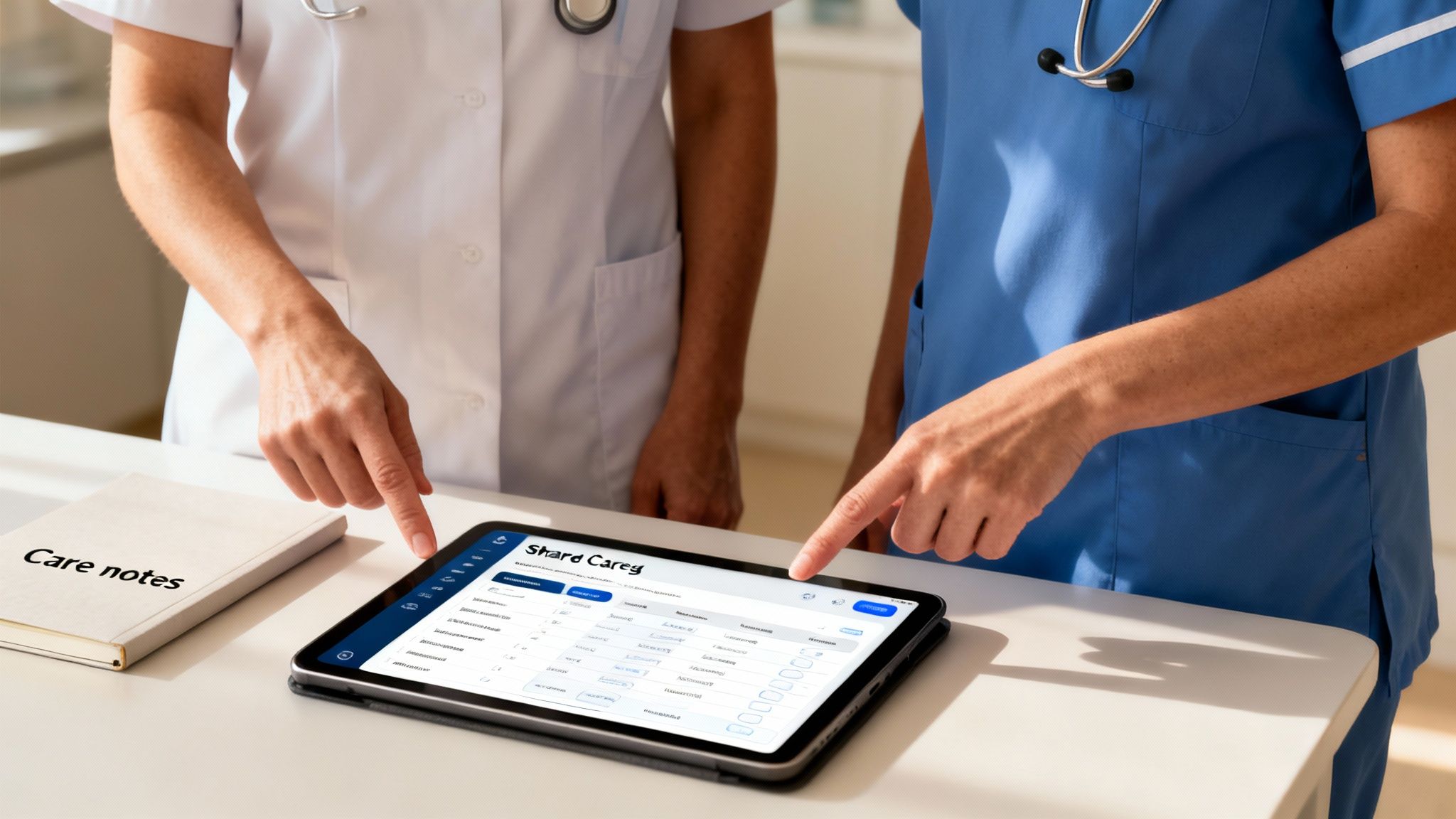 Two healthcare professionals review medical data on a tablet, with one pointing at the screen.