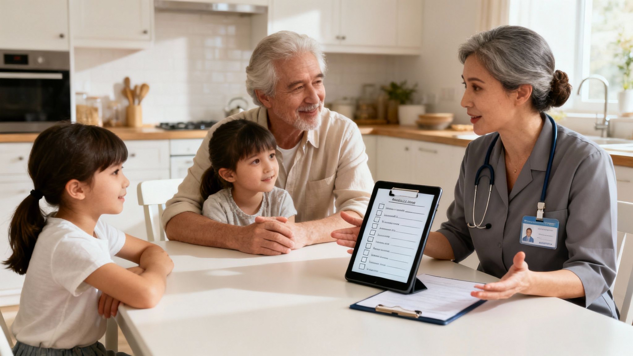 A female doctor discusses a checklist on a tablet with an elderly man and two young girls during an in-home visit.