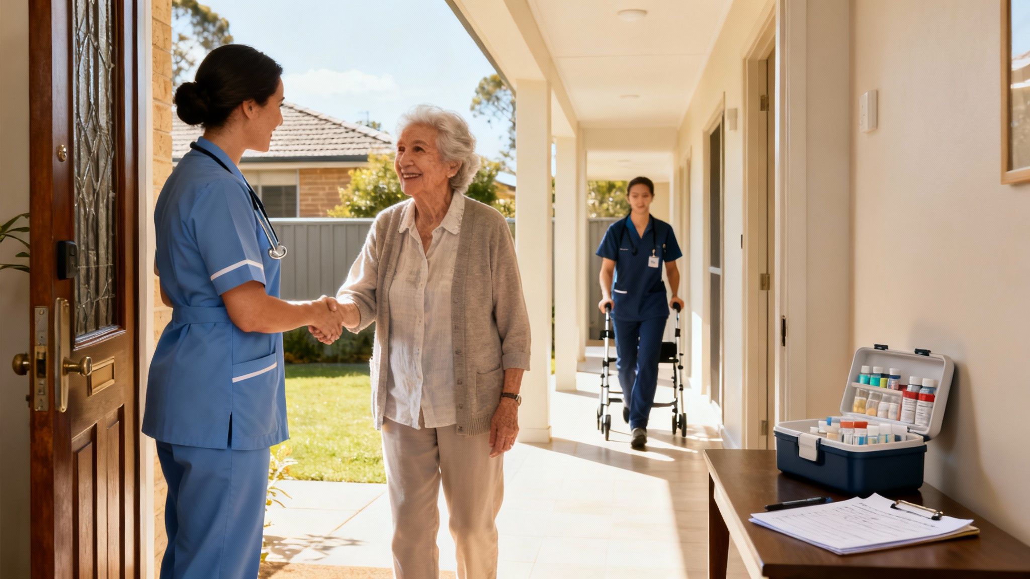 A home care nurse shakes hands with an elderly woman, while another nurse approaches with a walker.