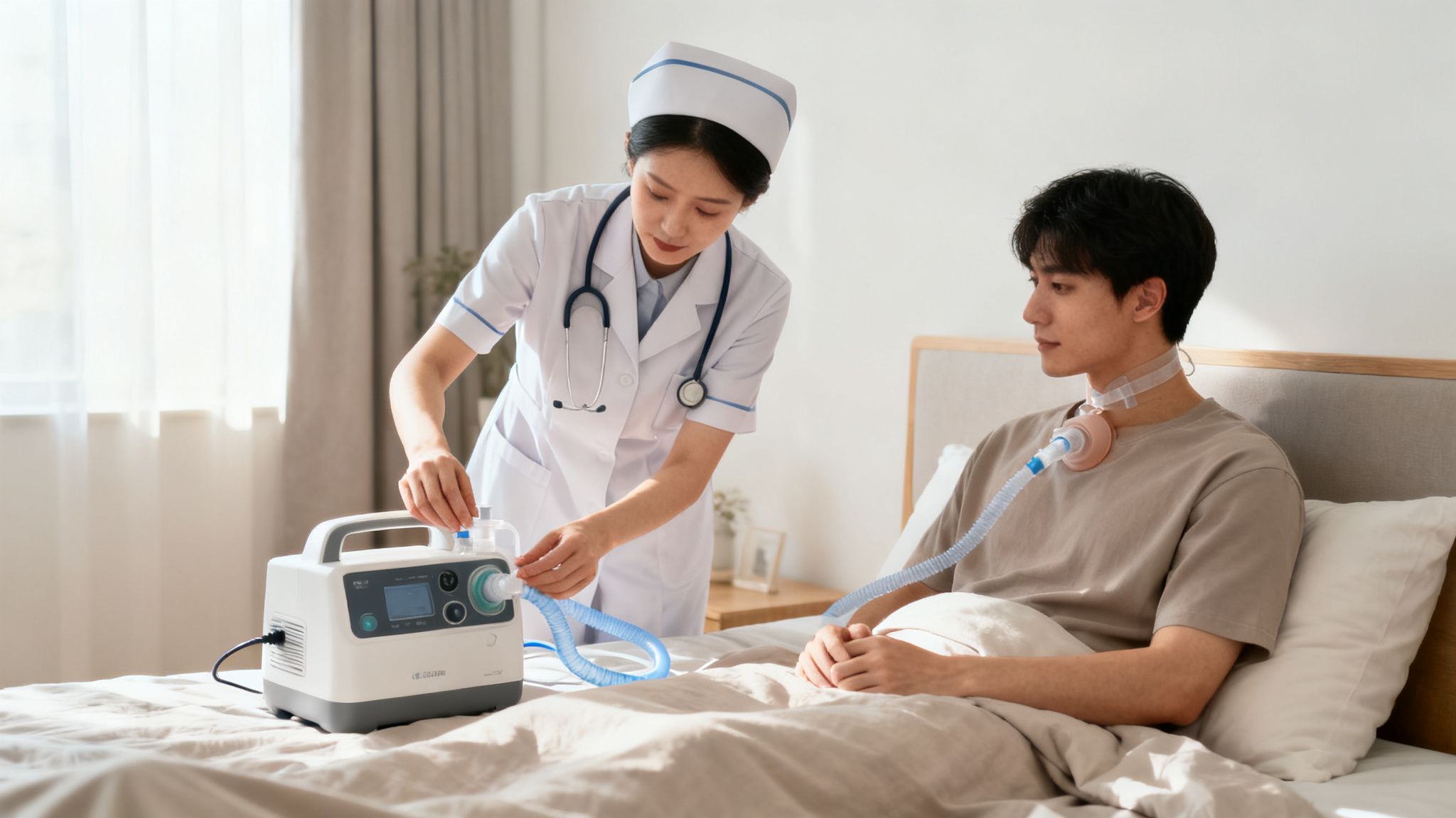 A nurse helps a young man in bed with a breathing machine during a home nursing visit.