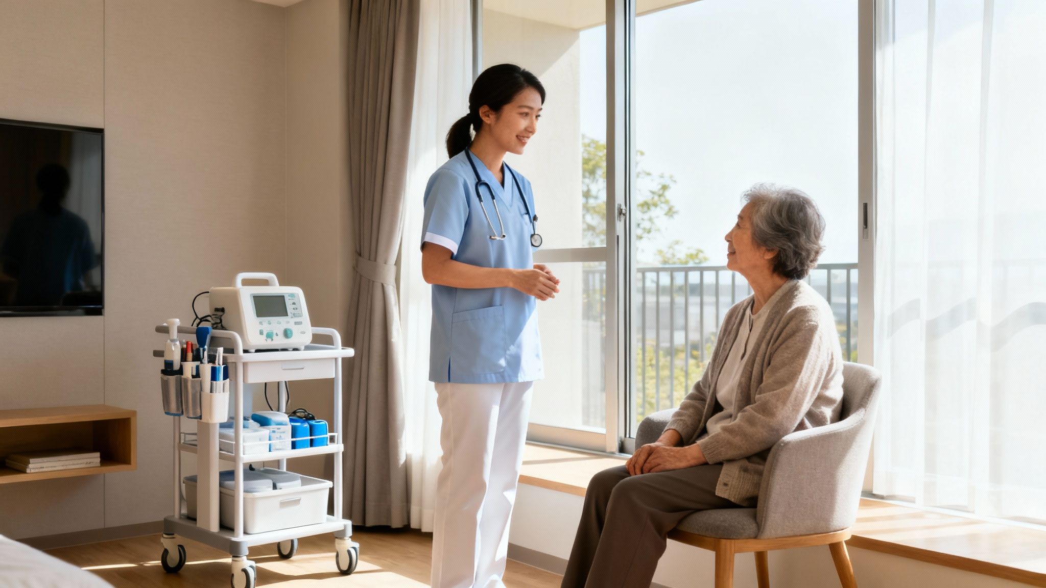 An Asian nurse consults with an elderly woman in an independent living center room.