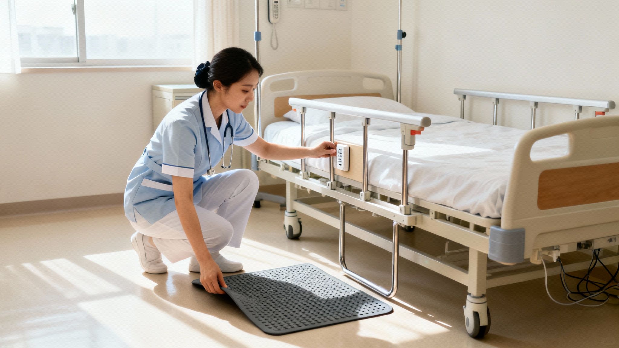 An Asian nurse in scrubs adjusts a hospital bed and places a floor mat for patient safety.