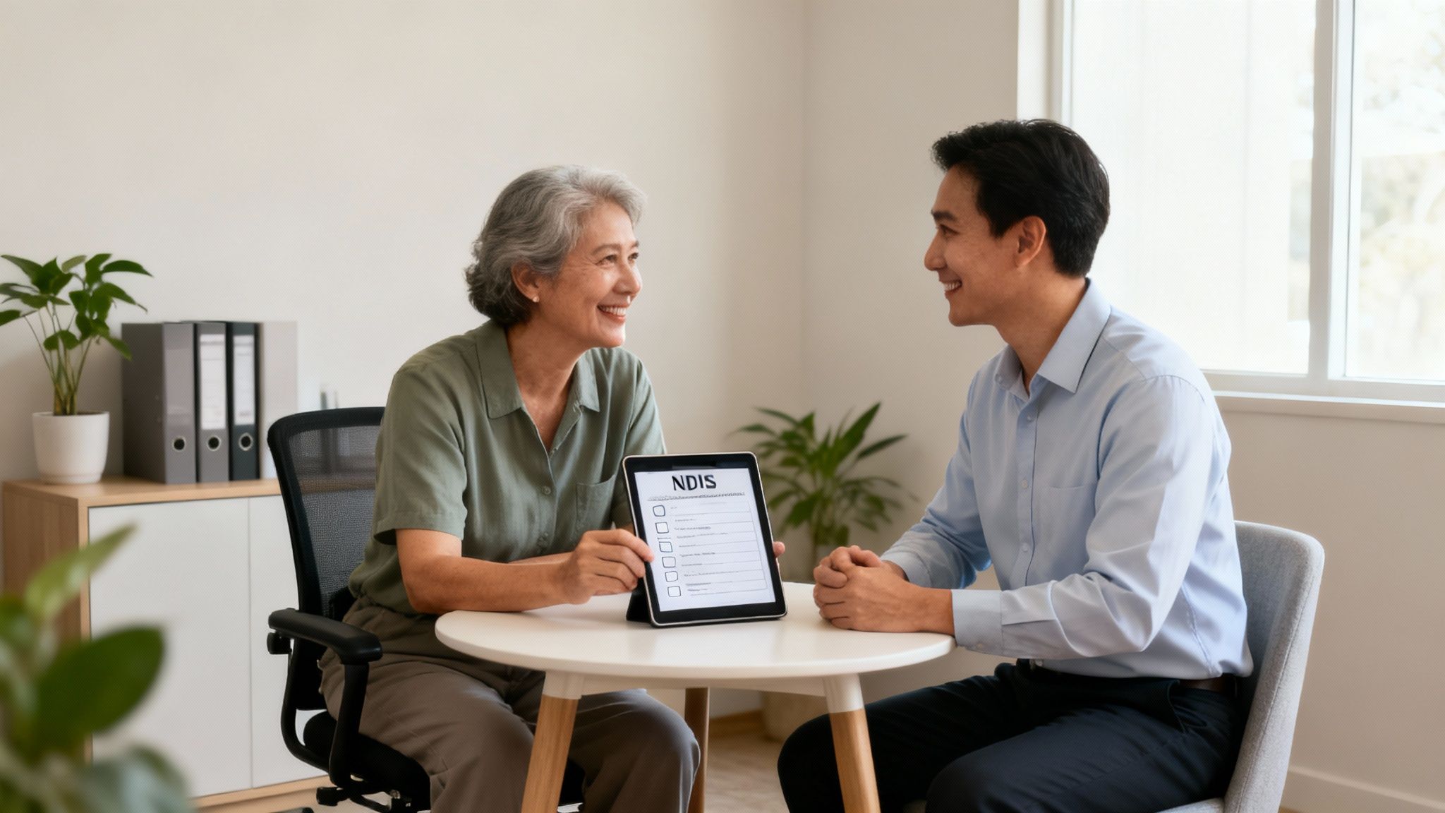 An older woman shows a tablet displaying an NDIS checklist to a smiling man, discussing support.