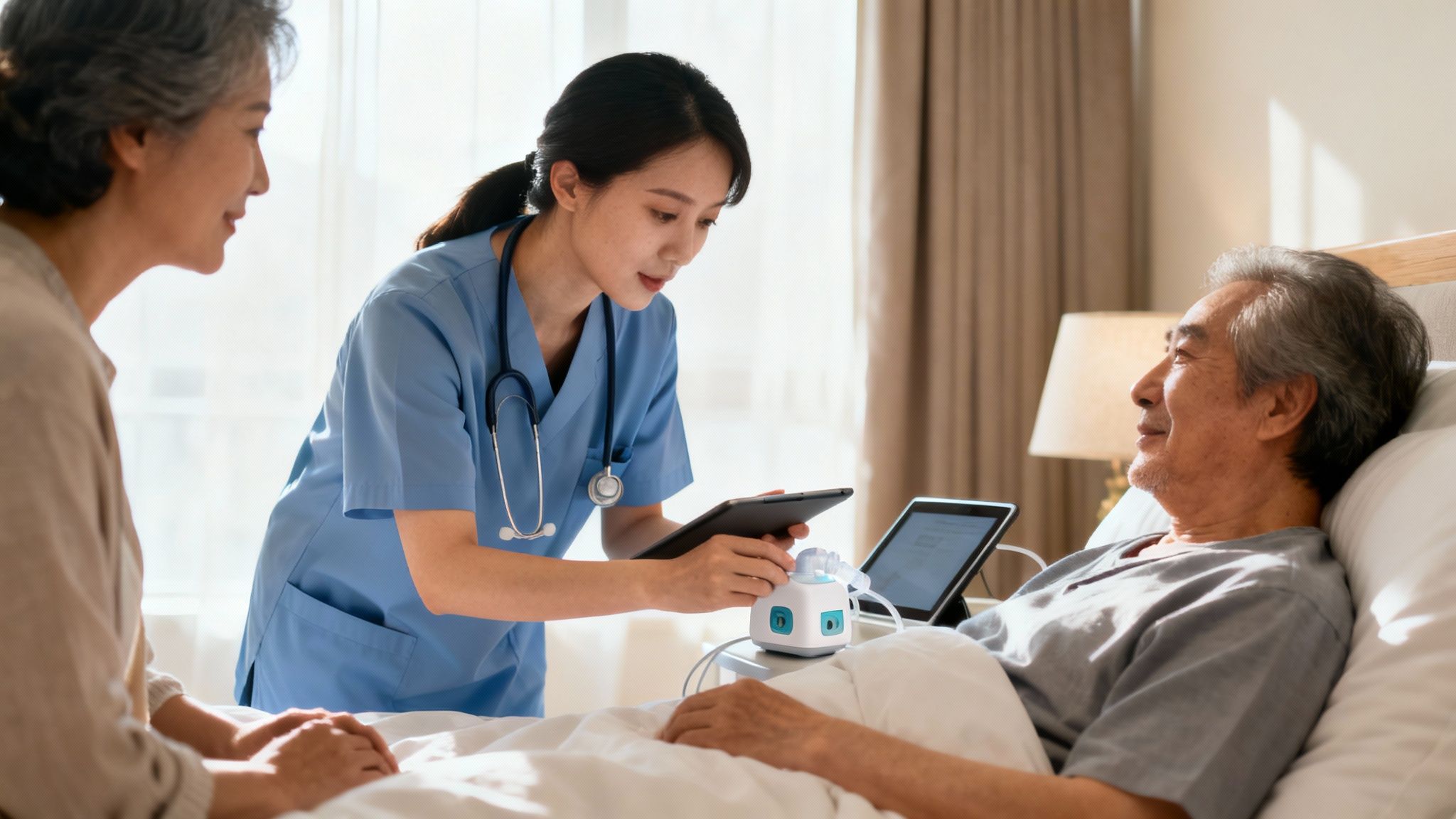 A compassionate nurse attends to an elderly man in bed, with a woman nearby, using medical tech.