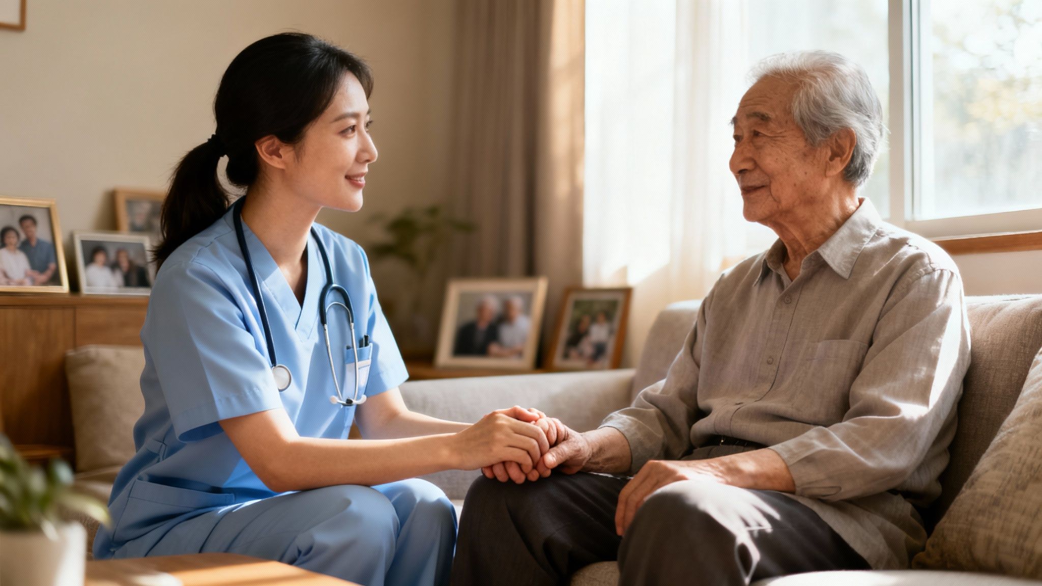 A compassionate nurse provides at-home palliative care to an elderly Asian man, holding his hand.