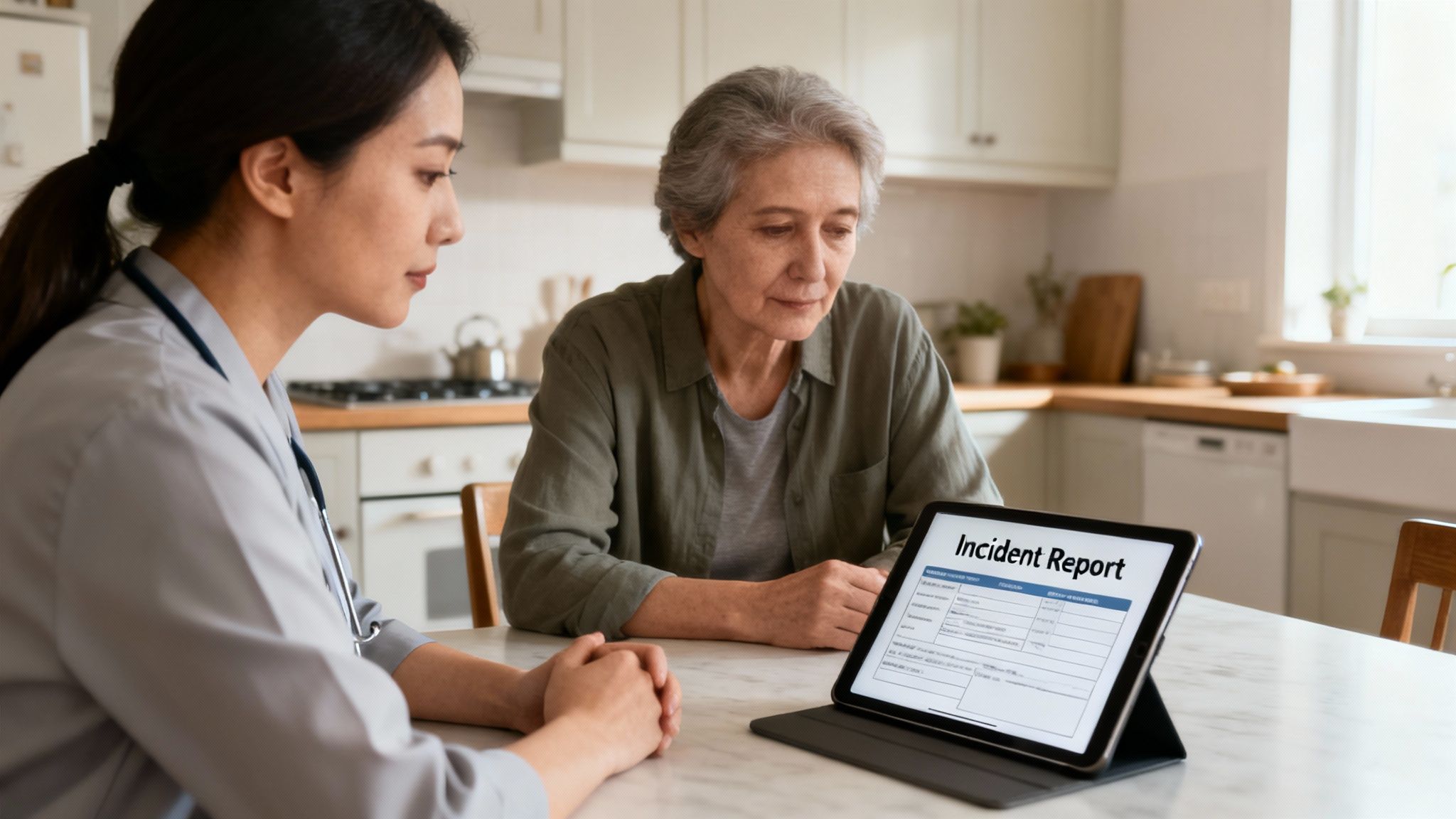 A healthcare worker reviews an incident report on a tablet with an elderly woman in a home setting.