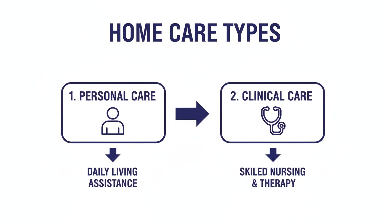 A diagram outlines home care types: personal care for daily living assistance and clinical care for skilled nursing and therapy.