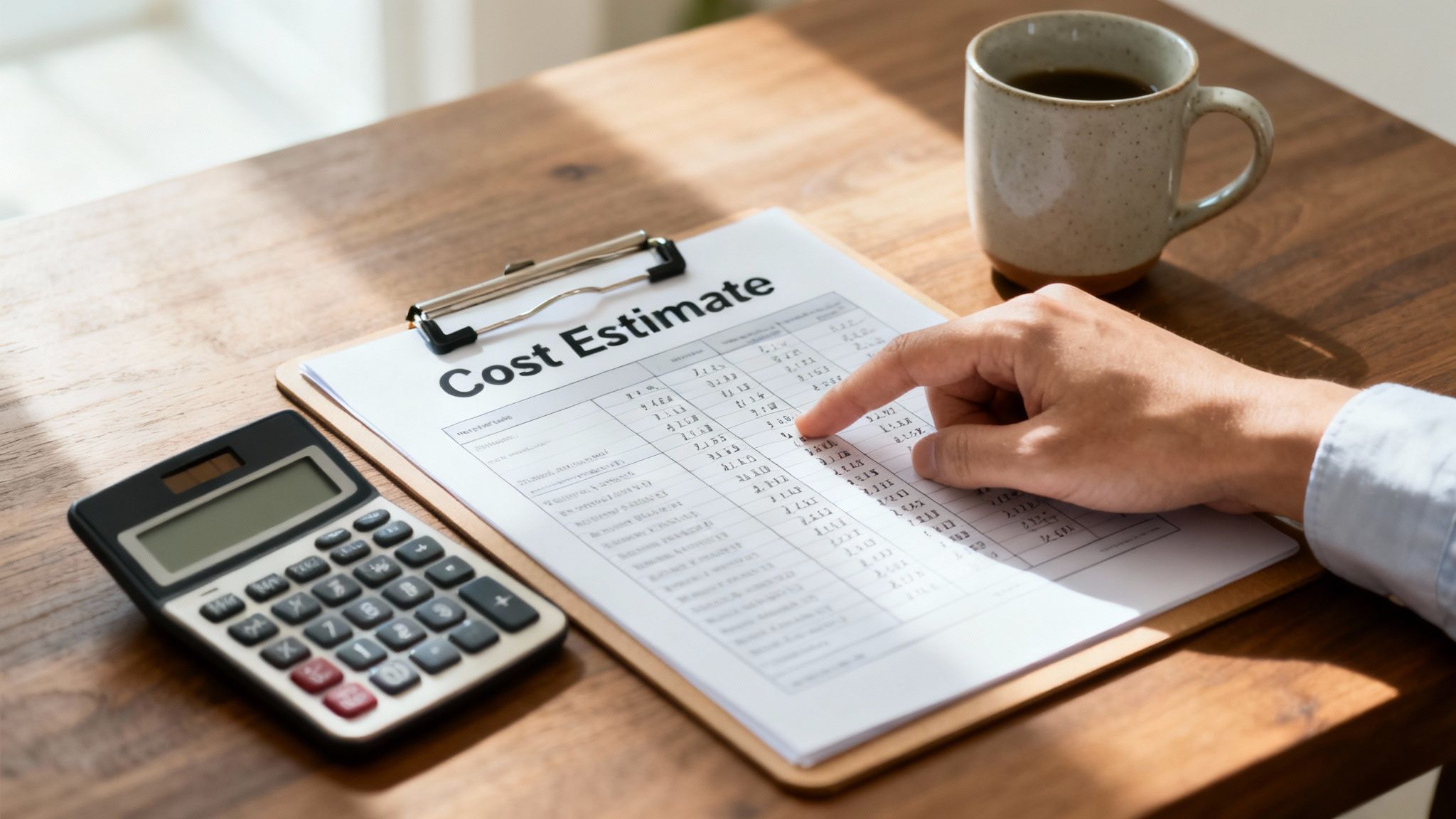 A hand points at a cost estimate document, with a calculator and coffee on a wooden desk.