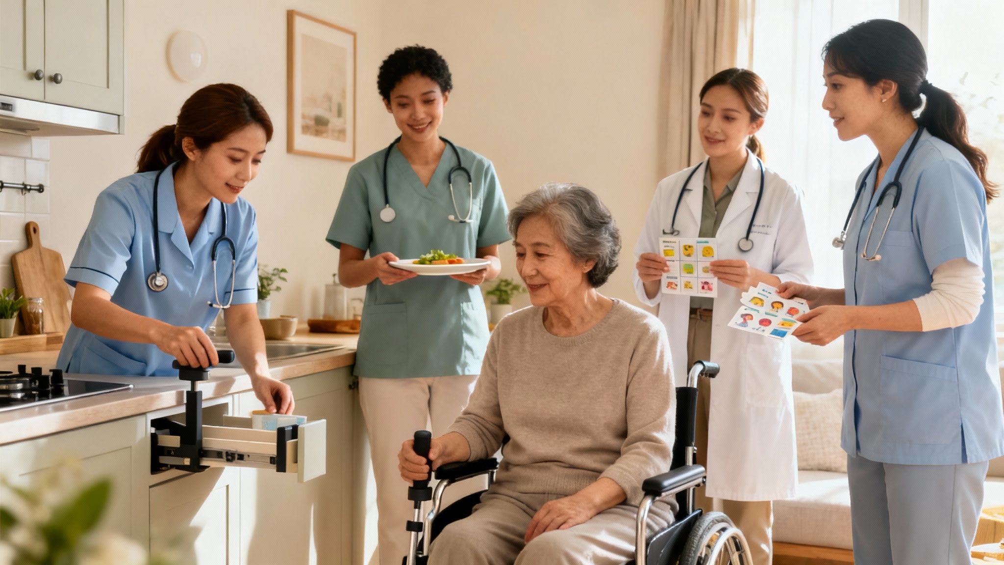 Healthcare professionals provide comprehensive care to an elderly woman in a wheelchair in a bright kitchen.