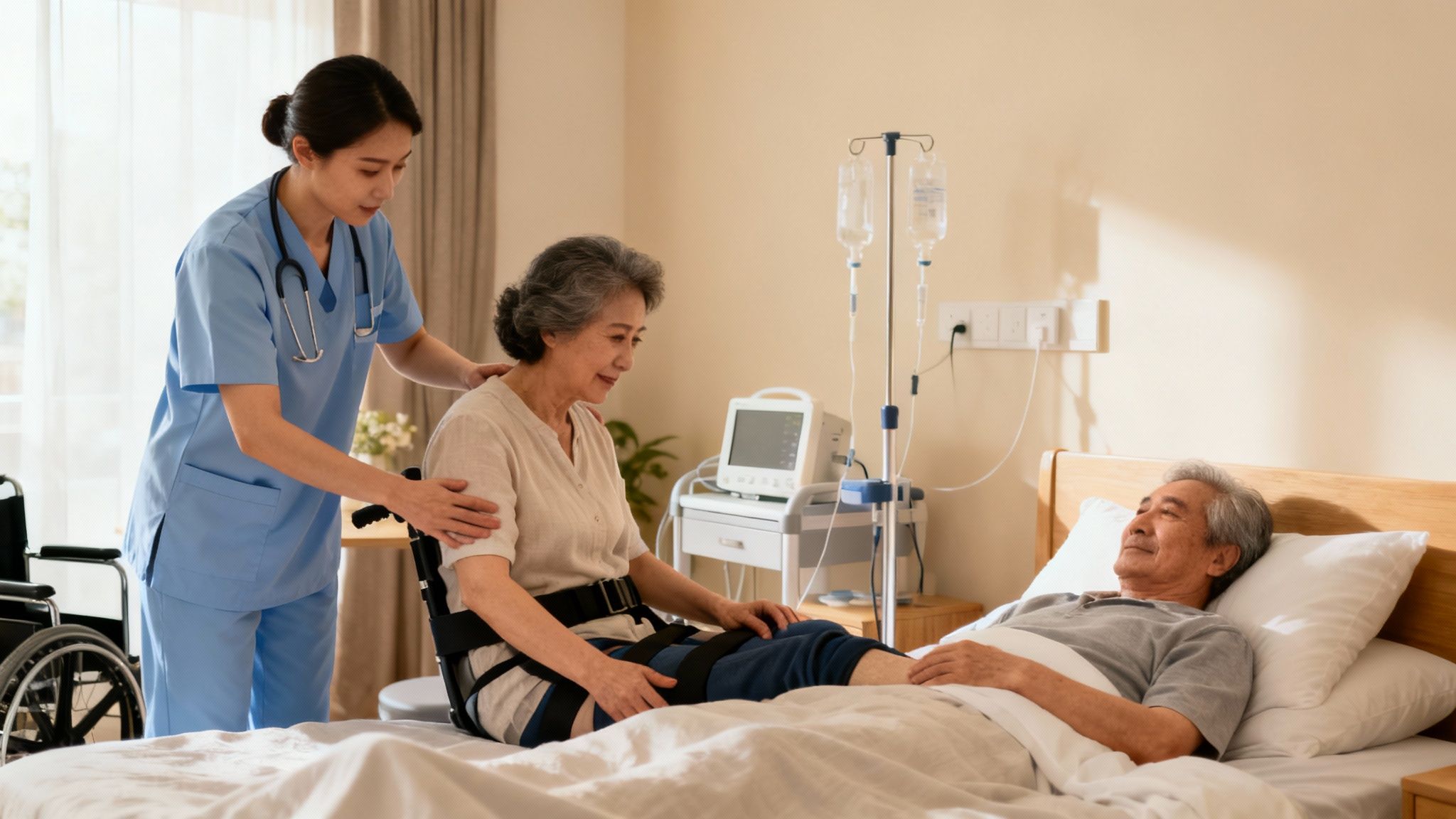 A dedicated nurse assists an elderly woman in a transfer chair next to an elderly man in a hospital bed.