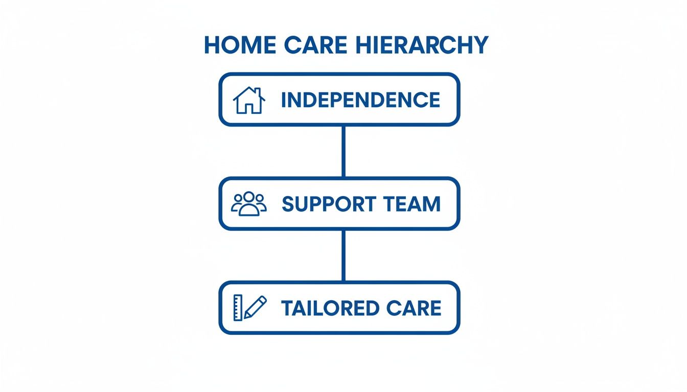 A Home Care Hierarchy diagram illustrating three key steps: Independence, Support Team, and Tailored Care.