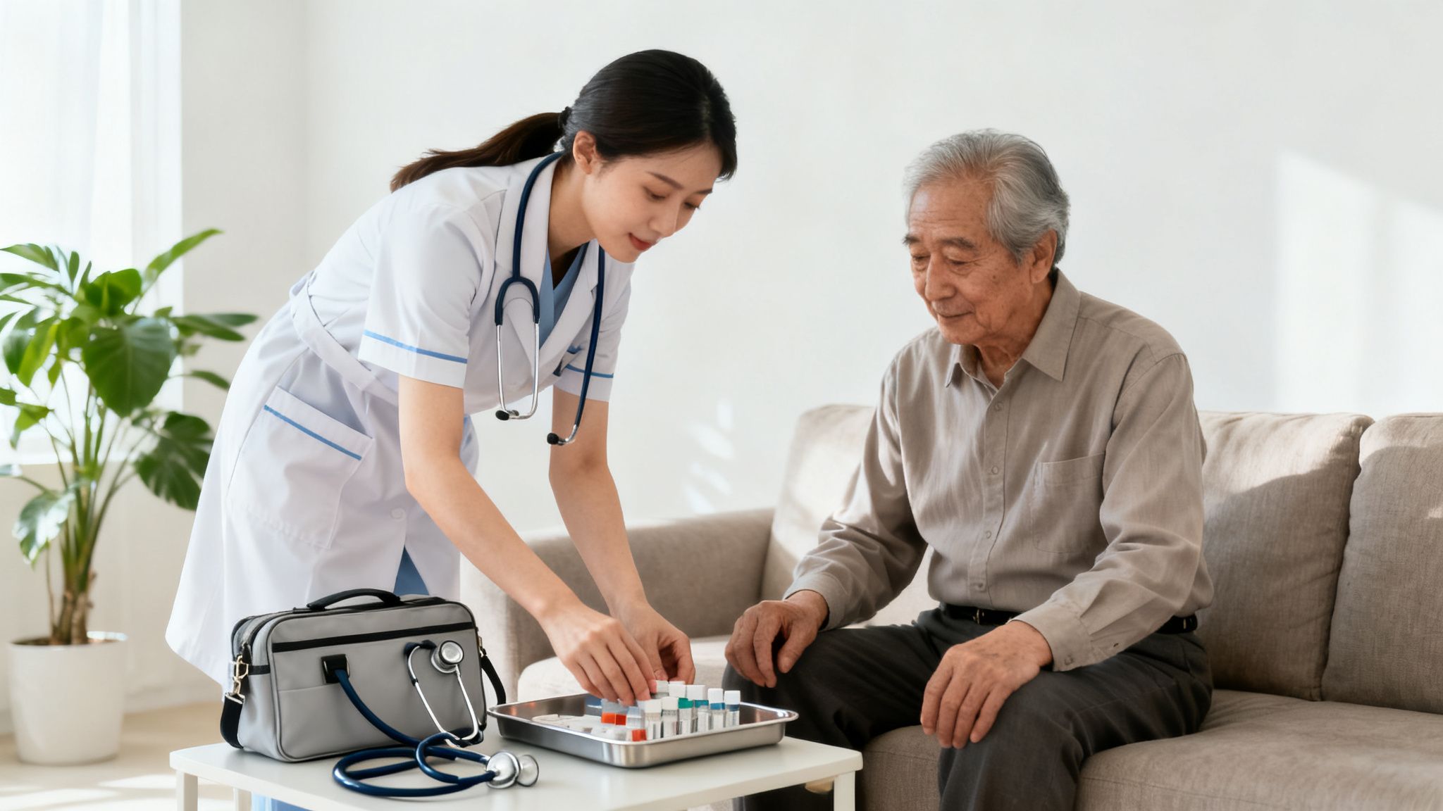 A kind nurse organizes medication for an elderly man during a home care visit.