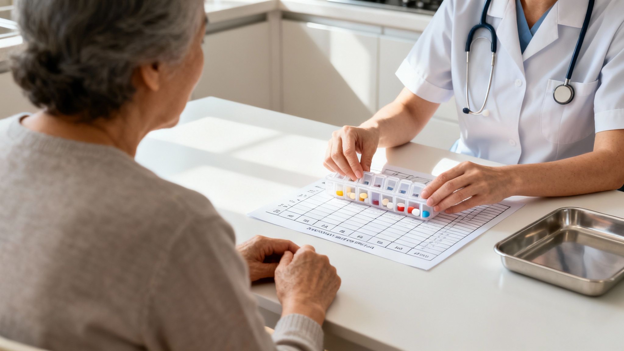 Medical professional demonstrating a pill organizer with colorful pills to an elderly patient during a consultation.
