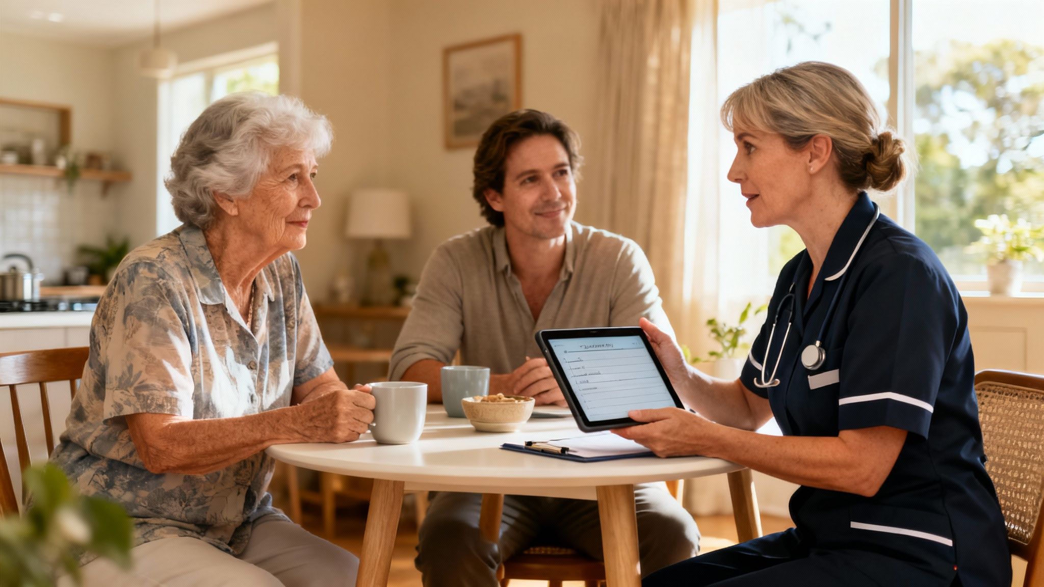 A home care nurse discusses information on a tablet with an elderly woman and a man.