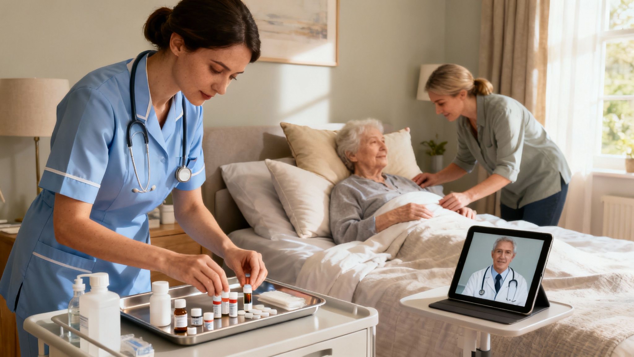 Nurse prepares medication for an elderly patient at home, with a caregiver and telehealth doctor.