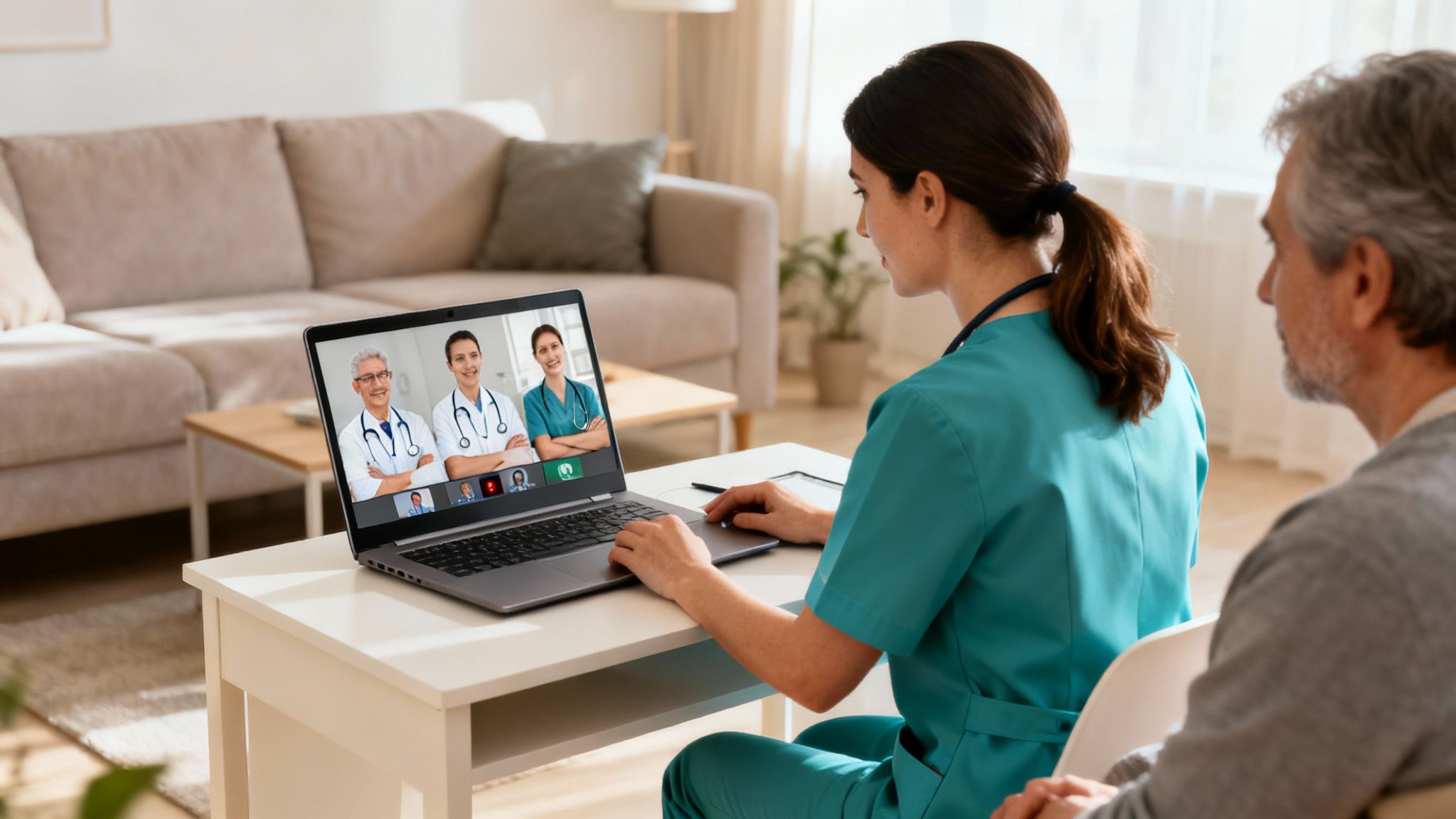 Nurse and senior man on video call with doctors, discussing remote healthcare.
