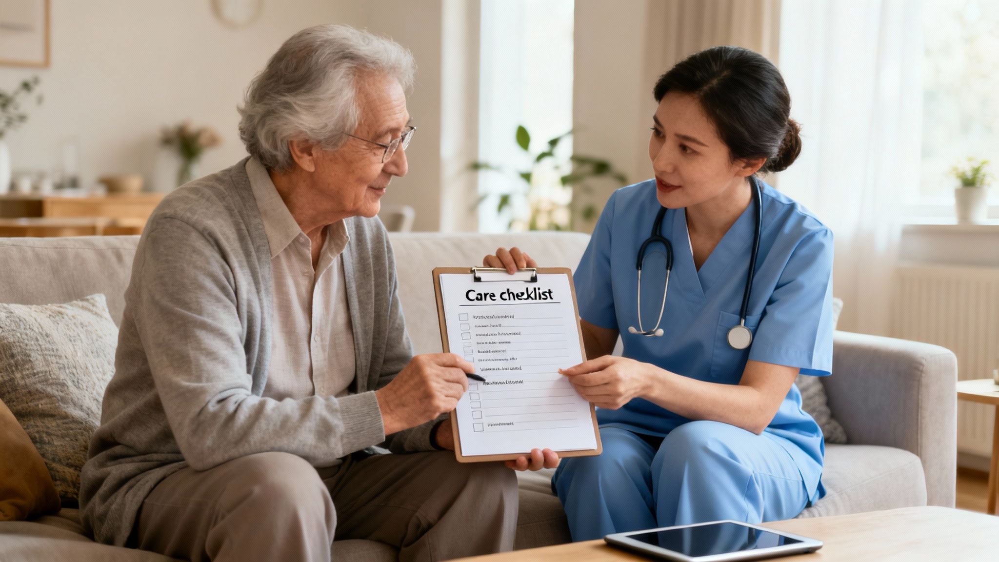 An Asian nurse in blue scrubs discusses a care checklist with an elderly man at home.