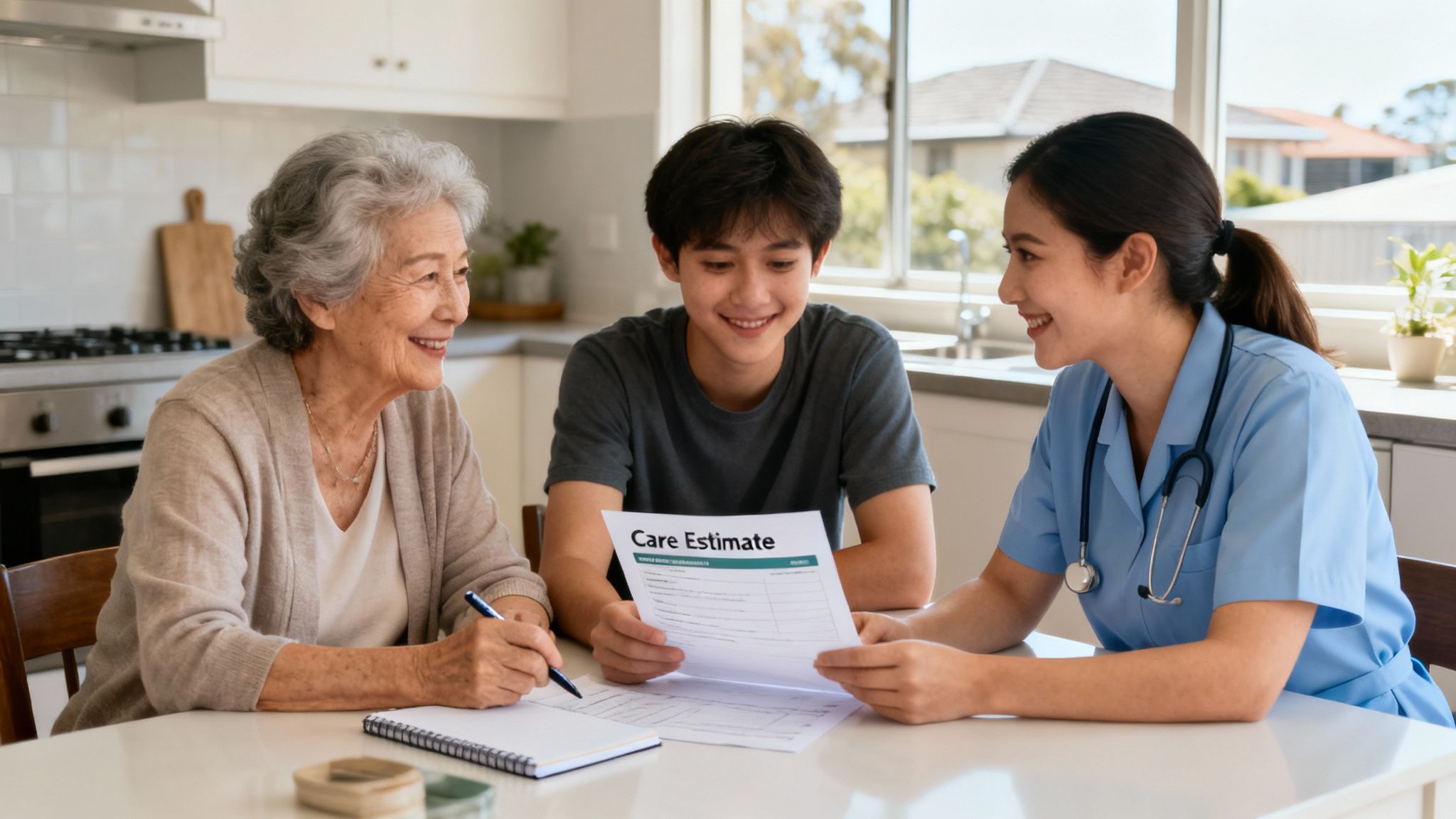 An elderly woman, young man, and nurse review a care estimate document at a kitchen table, smiling.